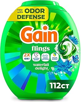 Gain Flings Liquid Washing Detergent Pacs, Now with Odor Defense + Color Guard, Waterfall Delight Scent, 4-In-1 Liquid Laundry Detergent Pods, Clean & Fresh, 112 Count (Packaging May Vary)