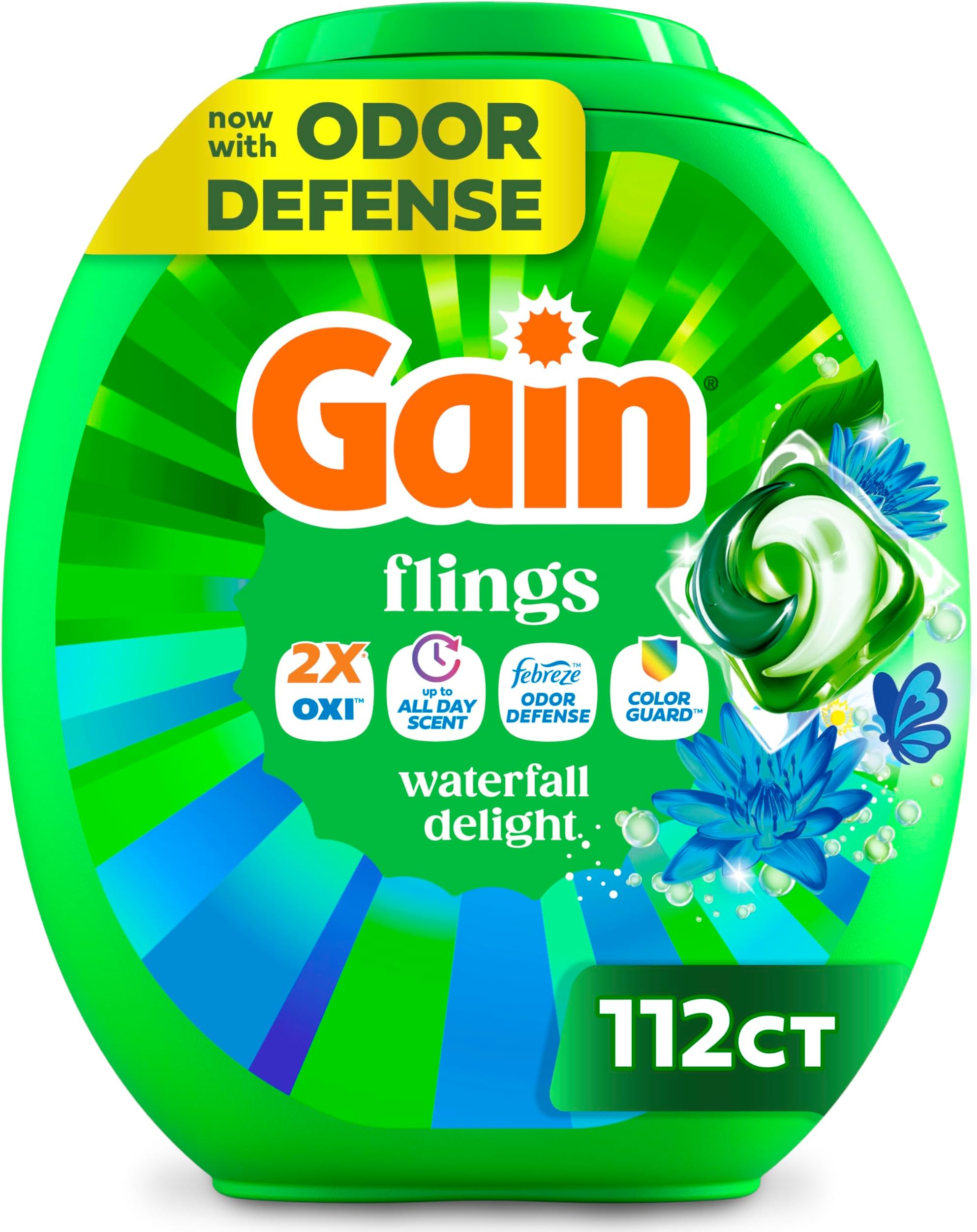 Gain Flings Liquid Washing Detergent Pacs, Now with Odor Defense + Color Guard, Waterfall Delight Scent, 4-In-1 Liquid Laundry Detergent Pods, Clean & Fresh, 112 Count (Packaging May Vary)