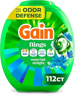 Gain flings Ultra Oxi Laundry Detergent Pacs, 112 Count, Waterfall Delight Scent, 3-in-1, HE Compatible