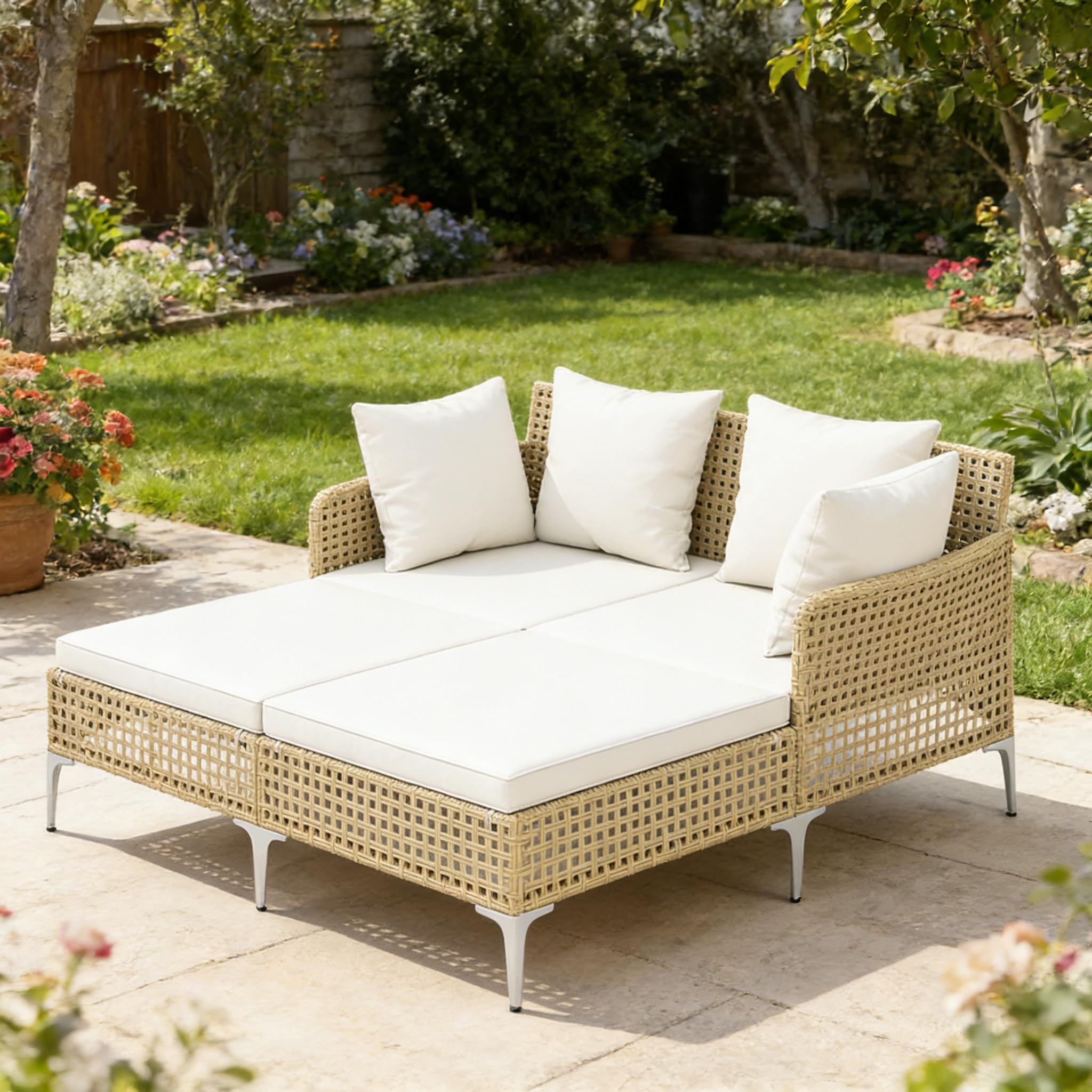 LIFEZEAL Lettino 2 Posti Prendisole in Rattan, Portata 360 kg | Lettino da Giardino con Cuscini, Struttura in Metallo, Piedini Regolabili, Divano da Esterno per Terrazza, Balcone, Piscina