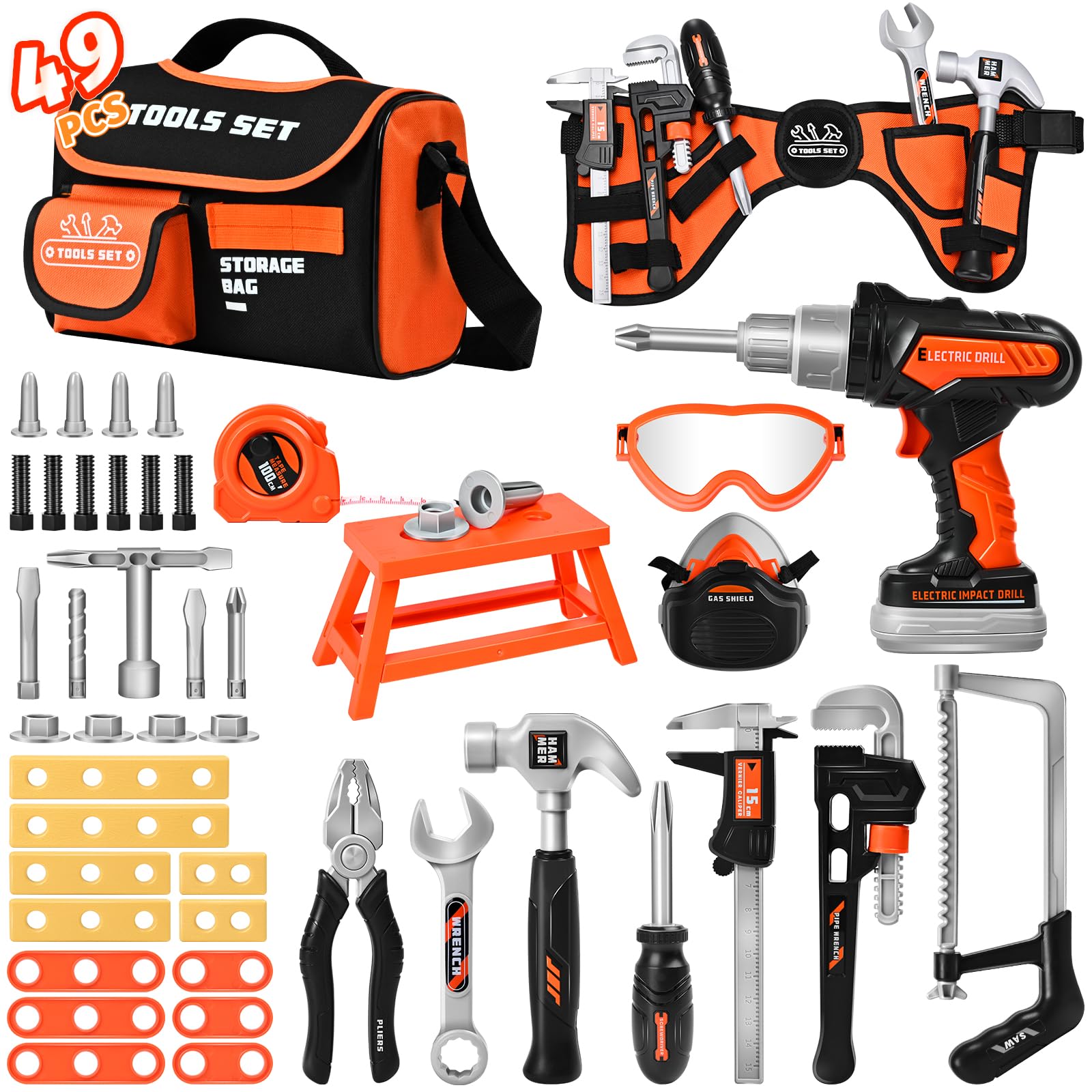 Tool Set Pretend Play Toddler Tool Set 49 Pieces Portable Tool Bag with Battery Powered Toy Drill Adjustable Belt For Boys and Girls Age 3 to 8