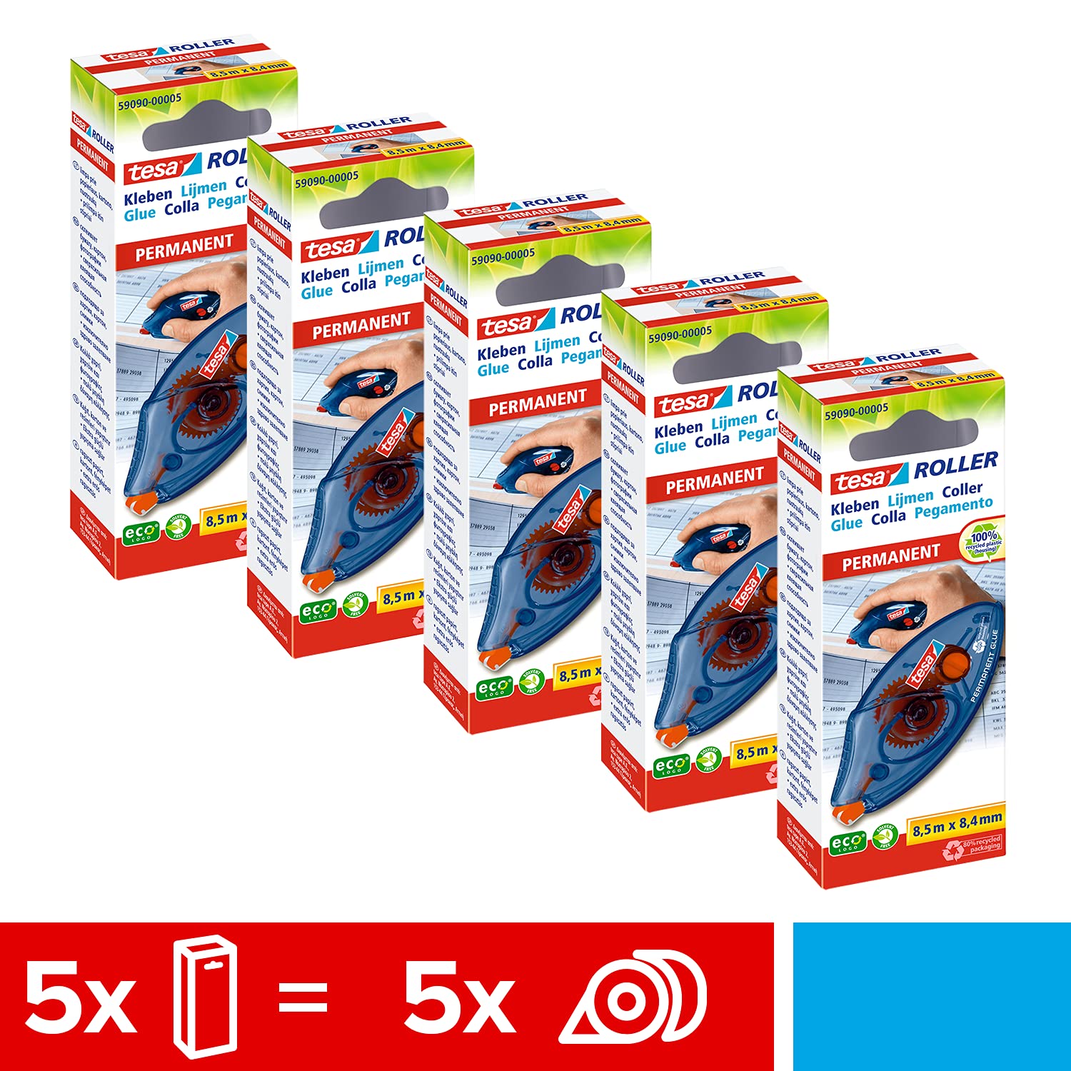 tesa® ecoLogo klej w taśmie – przyjazny dla środowiska klej w myszce – nośnik z odpornej na rozdarcia taśma PET – 8,5 m x 8,4 mm, 5pack (5x1 sztuka)