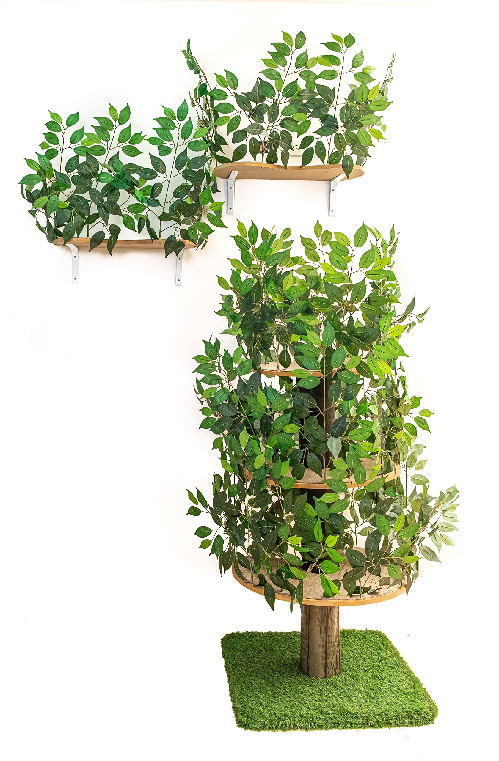 On2 Pets Bundle Cat Activity Tree with Leaves, Cat House & Cat Condo with a Set of 2 Wall-Mounted Cat Shelves, Made in USA (Large 3-Level Cat Tree Bundle)