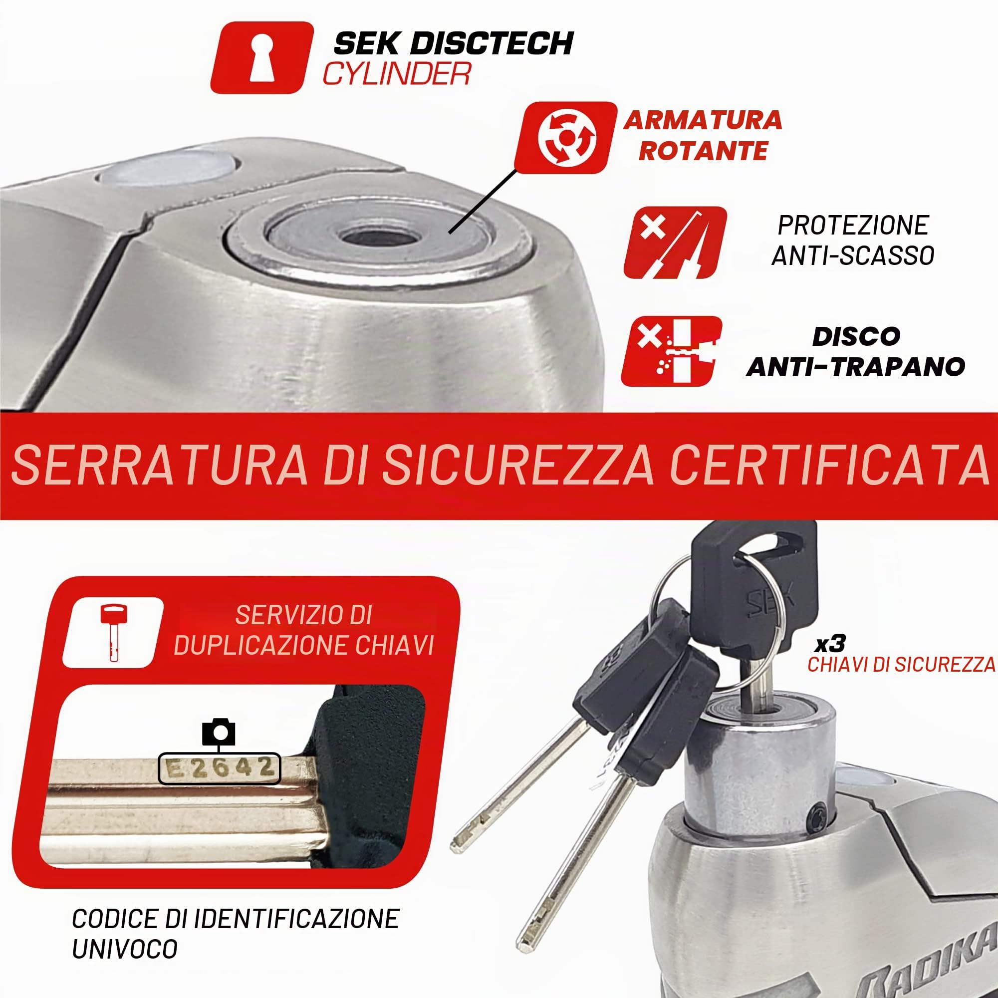 RADIKAL RK14S Lucchetto Antifurto Moto Bloccadisco Sonoro Allarme 120 Db, Warning Pre-Allarme, Omologato SRA & RK402 Supporto antifurto RK10 e RK14S per Il Fissaggio a Tubi o Viti