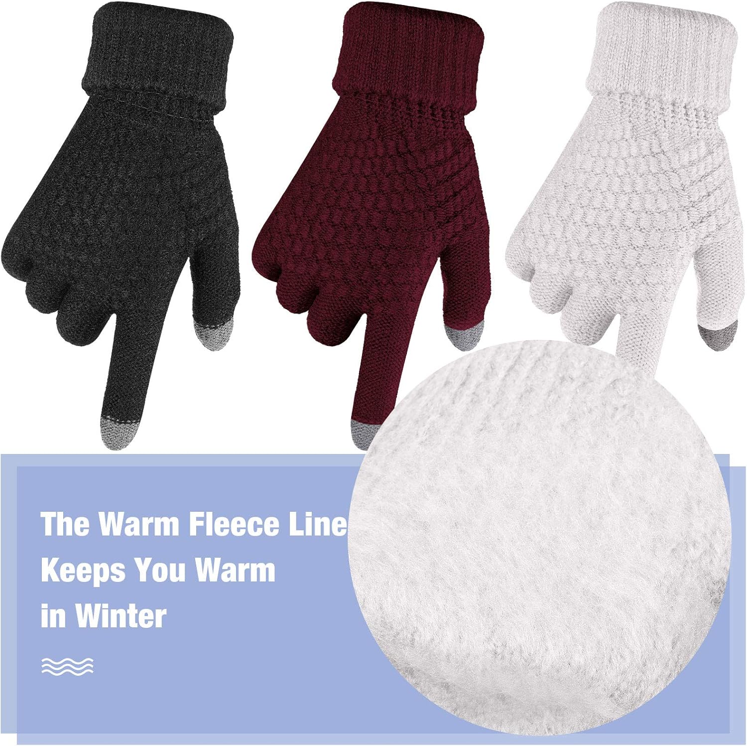 Geyoga 4 Pairs Women's Winter Touch Screen Gloves Soft Warm Fleece Lined Knit Elastic Cuff Texting Gloves - Image 4