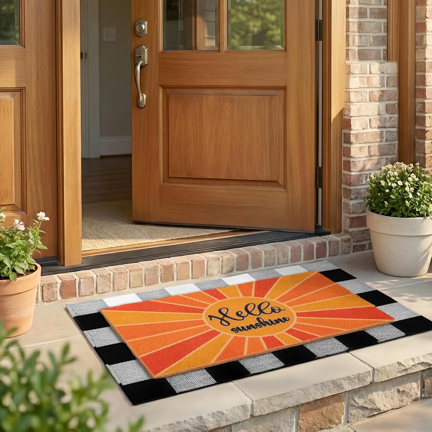 2 PCS Layered Welcome Mat Set - Hello Sunshine Coir Doormat (17.7"x 29.5") & Black White Buffalo Plaid Outdoor Rug (23.6" x 35.4"), Non-Slip Farmhouse Entryway Front Porch Decor