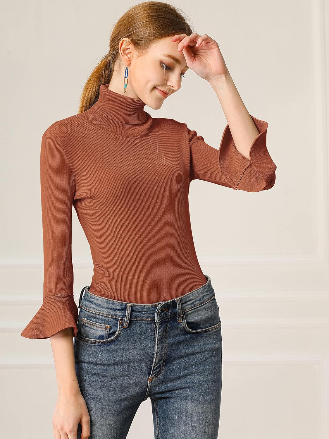 Allegra K Women's 3/4 Sleeve Turtleneck Sweaters Slim Fit Knitted Pullover Sweater Tops - Image 4