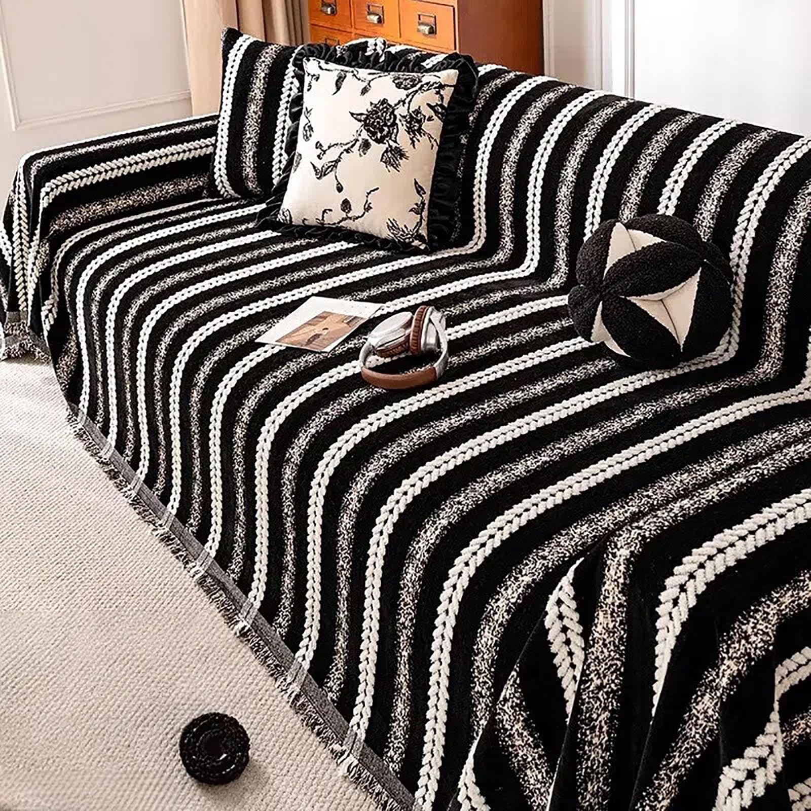 Housse de canapé en chenille haut de gamme noire à pompons 180x200