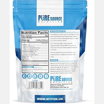 Pure Source Nutrition Soy Protein Isolate Powder (90% Protein) 1Kg Chocolate SOYA Protein Vegan Powder for Superfood Supergreens Dairy Free Plant Based Protein (1kg, Chocolate)