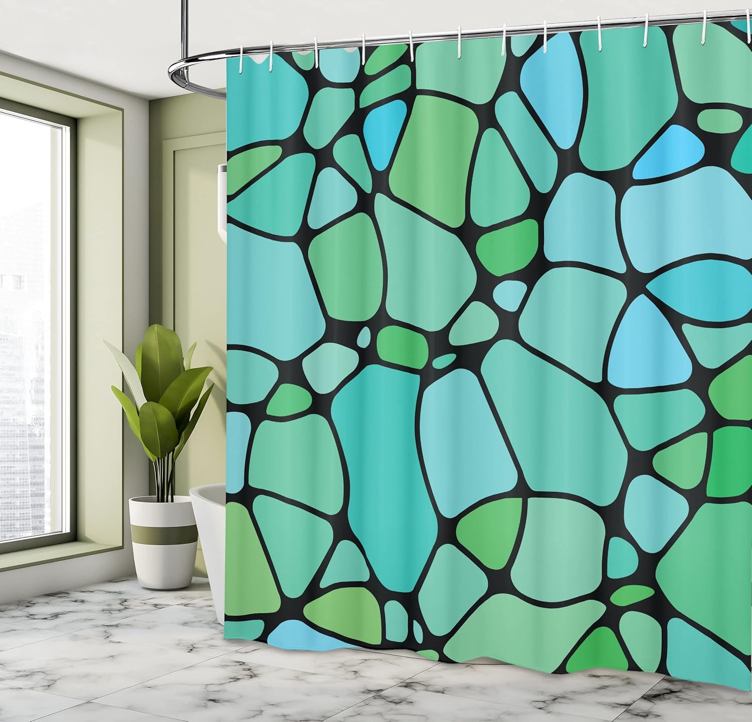 Ambesonne Seafoam Shower Curtain, Mosaic Geometric Pattern Vintage Inspirations Abstract Composition, Cloth Fabric Bathroom Decor Set with Hooks, 69" W x 70" L, Lime Green Seafoam Blue