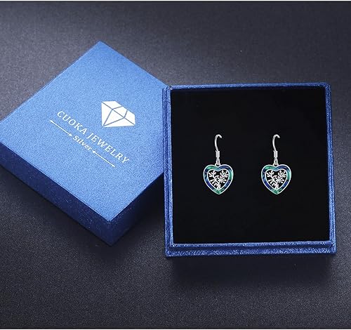 Miniatura 7 de Aretes de plata de ley 925 con forma de árbol de la vida, con forma de corazón de abulón, árbol genealógico, joyería de corazón para mujer, Plata,