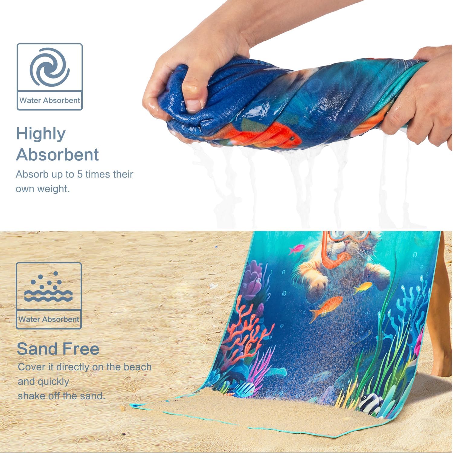 Vimorco Leopard Beach Towels Oversized, Diving Cat 2 Pack Microfiber Lightweight Beach Towel, Oversized 72"x 32" XL Extra Large Thin, Quick Dry Absorbent Pool,Bath,Swim,Yoga,Gym,Travel Vacation Towel