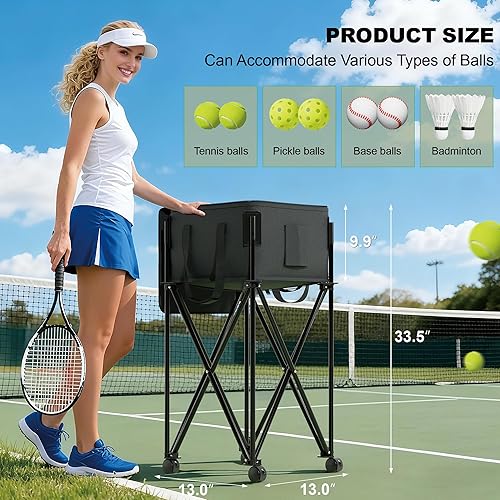 Miniatura 3 de Tolva de pelota de tenis para 120 pelotas, cesta de pelota de tenis con bolsa de almacenamiento extraíble, carrito de pelota de tenis con ruedas