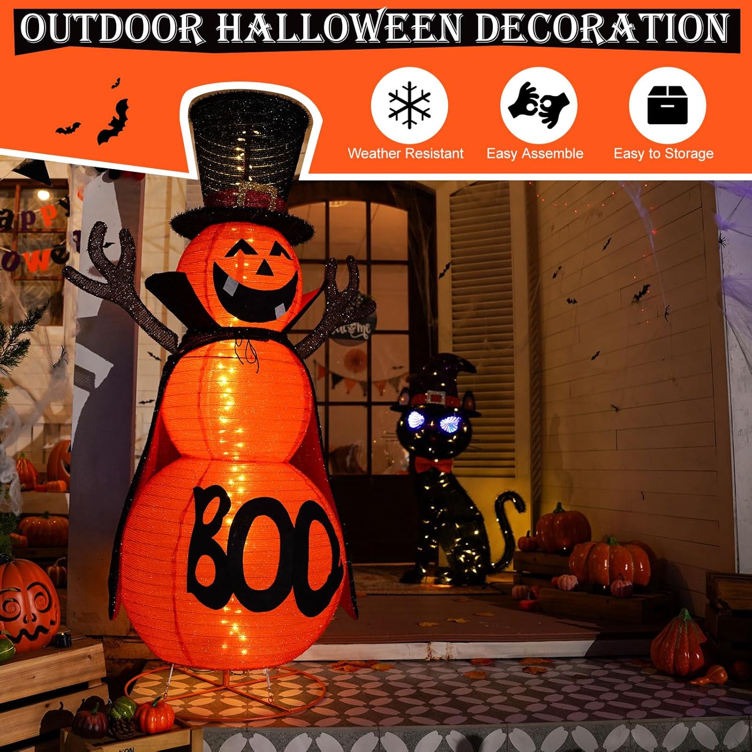5FT Halloween Pumpkin Decorations Outdoor, 90 LED Pre-Lit Pop-Up Halloween Pumpkin Giant Collapsible Jack-o'-Lantern Cute Pumpkin Decor with Cloak & Magic Hat for Outdoor, Yard, Porch