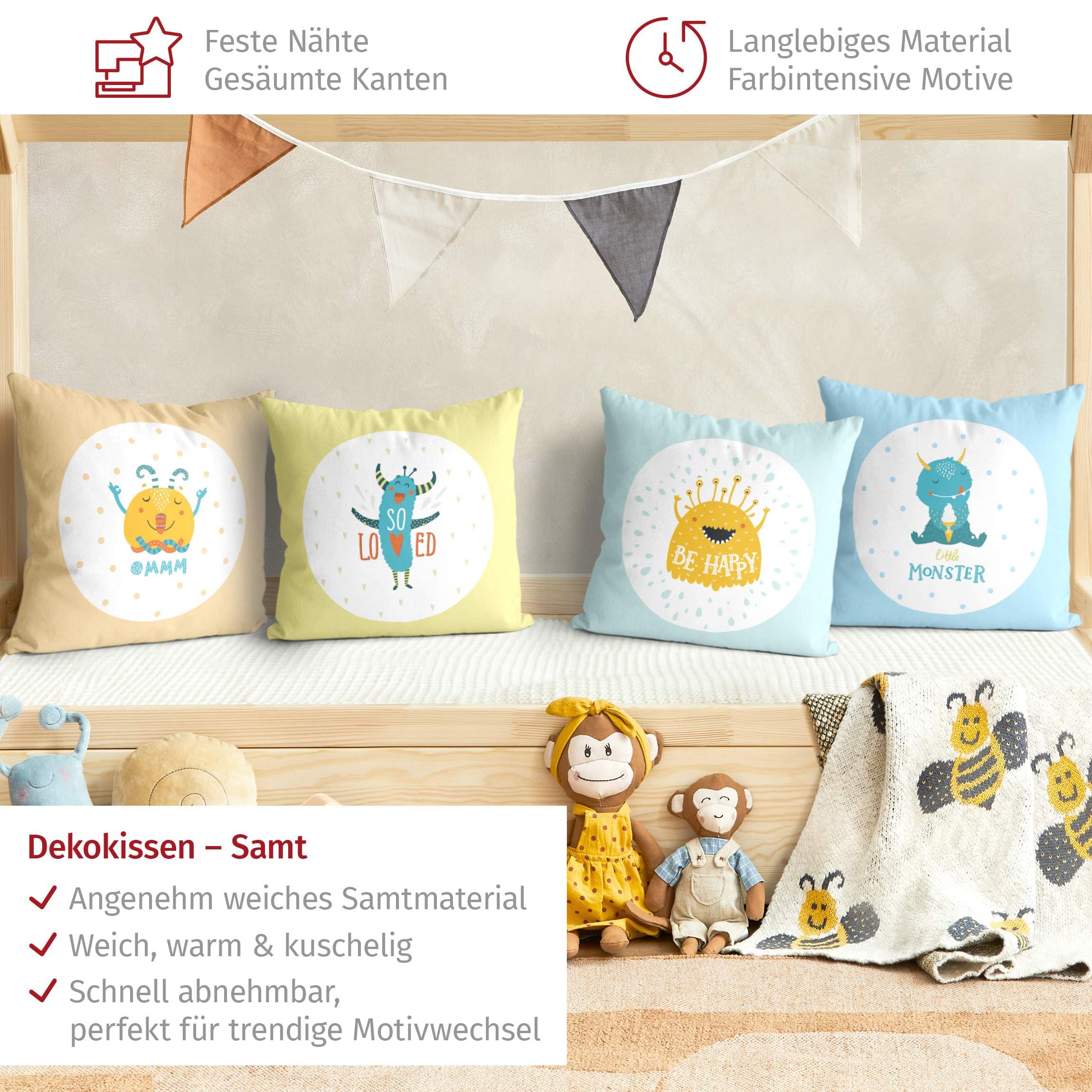 Dekokissen 4-teilig drinnen/Indoor waschbar Sprüche mit Füllung Zierkissen - Made in Germany - Design Bezug Weiss Sofakissen Illustration Indoor Sofa Bett 1072