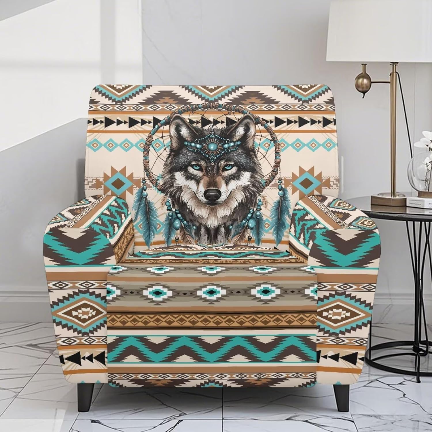 Aztec Tribe Geometric Wolf Print 4 Piece Recliner Chair Cover, Stretch Lazy Boy Non Slip Covers for Recliner with Pocket, Soft Reclining Sofa Slipcovers Furniture Protector with Elastic