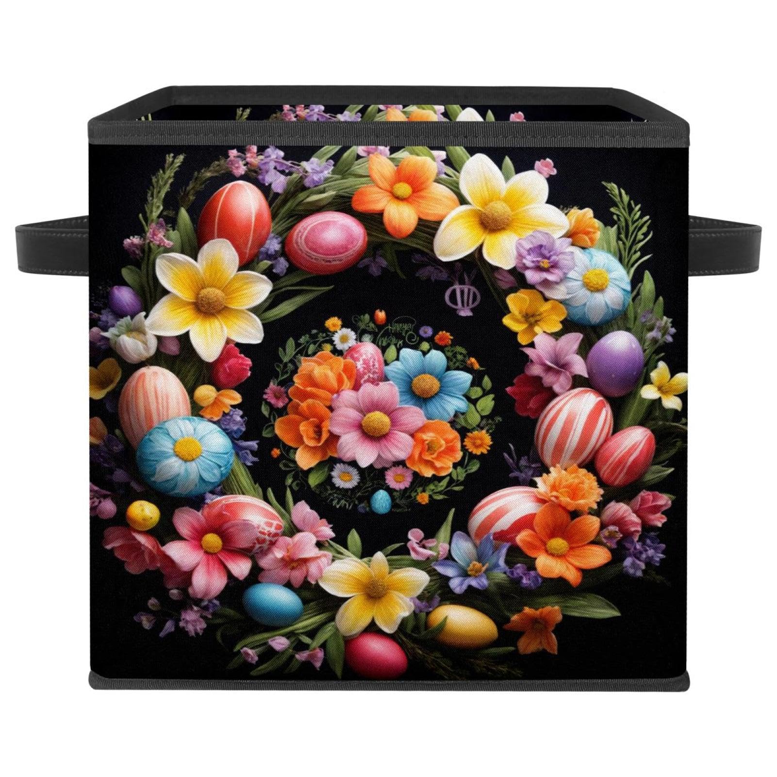 Boîte de rangement pliable noire 27x26x27 cm avec poignées cuir motif couronne de Pâques