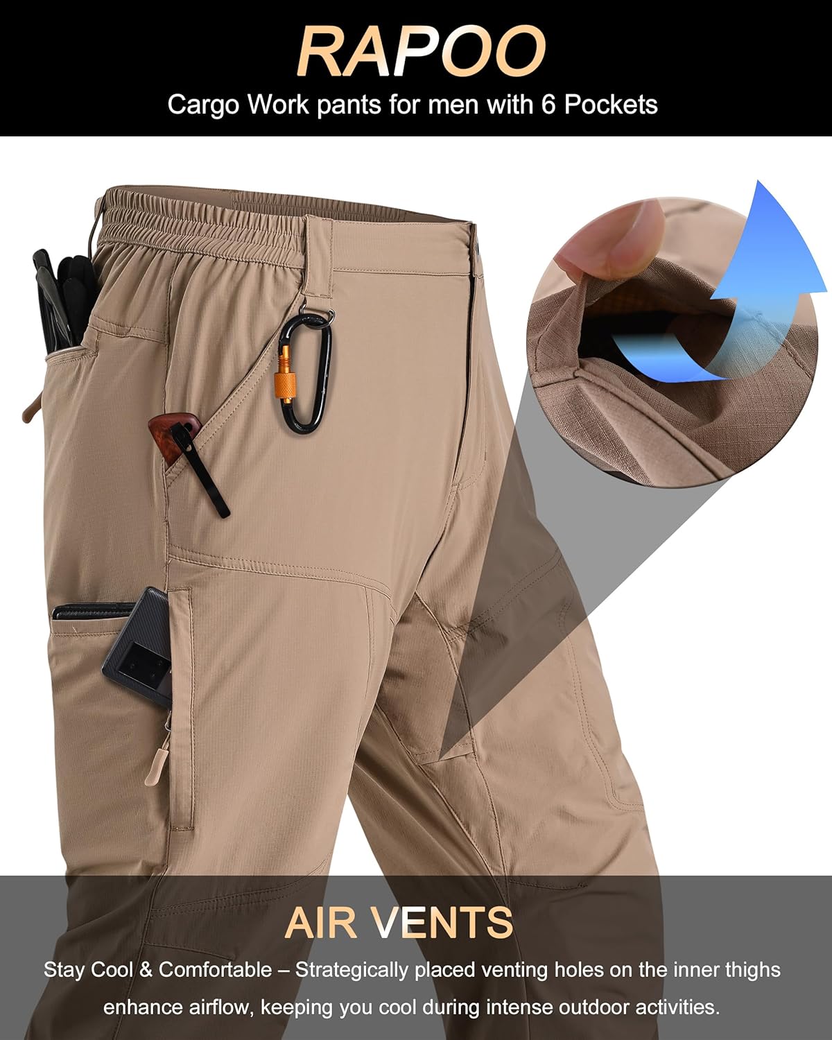 Rapoo Mens Hiking Pants Lightweight Water Resistant Breathable Nylon Cargo Pants with 6 Pockets - Image 2