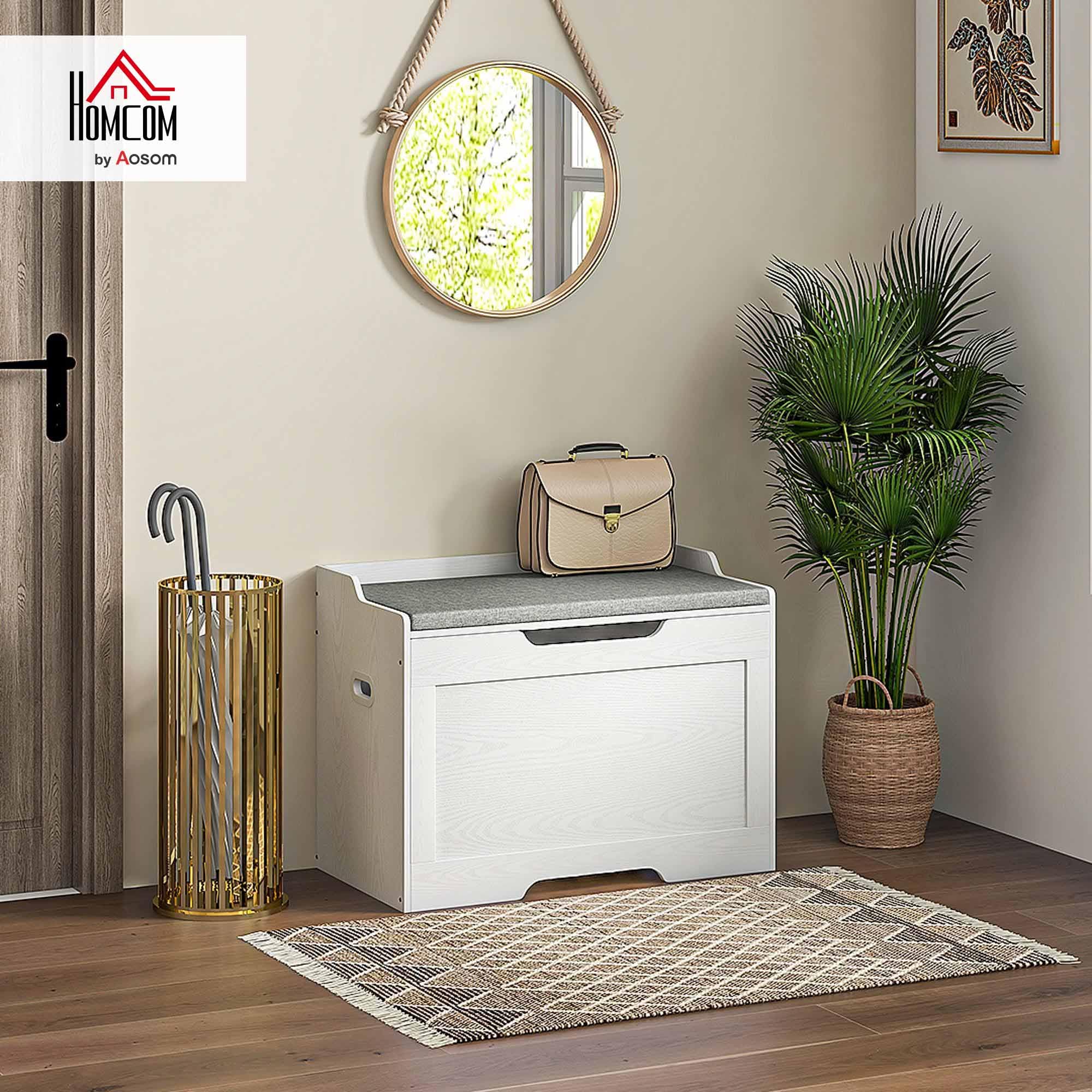 HOMCOM Baúl de 103 litros con tapa, asiento, baúl con espacio de almacenamiento, cojín de asiento extraíble, para salón, dormitorio, blanco