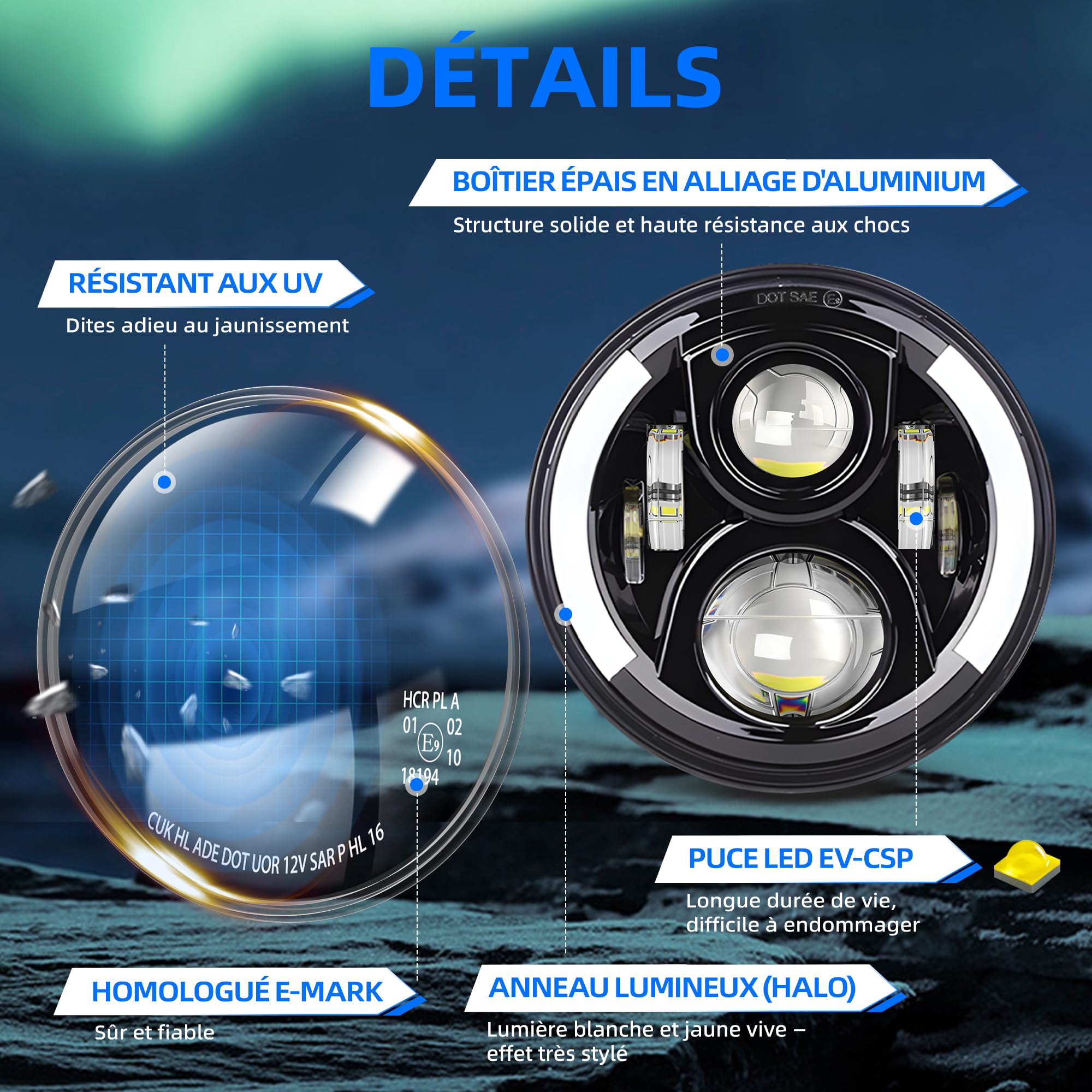 CO LIGHT Phare LED Rond 7 Pouces Projecteur Hi Lo Homologué E-MARK DRL Blanc Clignotant Ambre Compatible H6024 Adapté pour Wrangler JK TJ CJ LJ Miata MX5 Century 2PCS