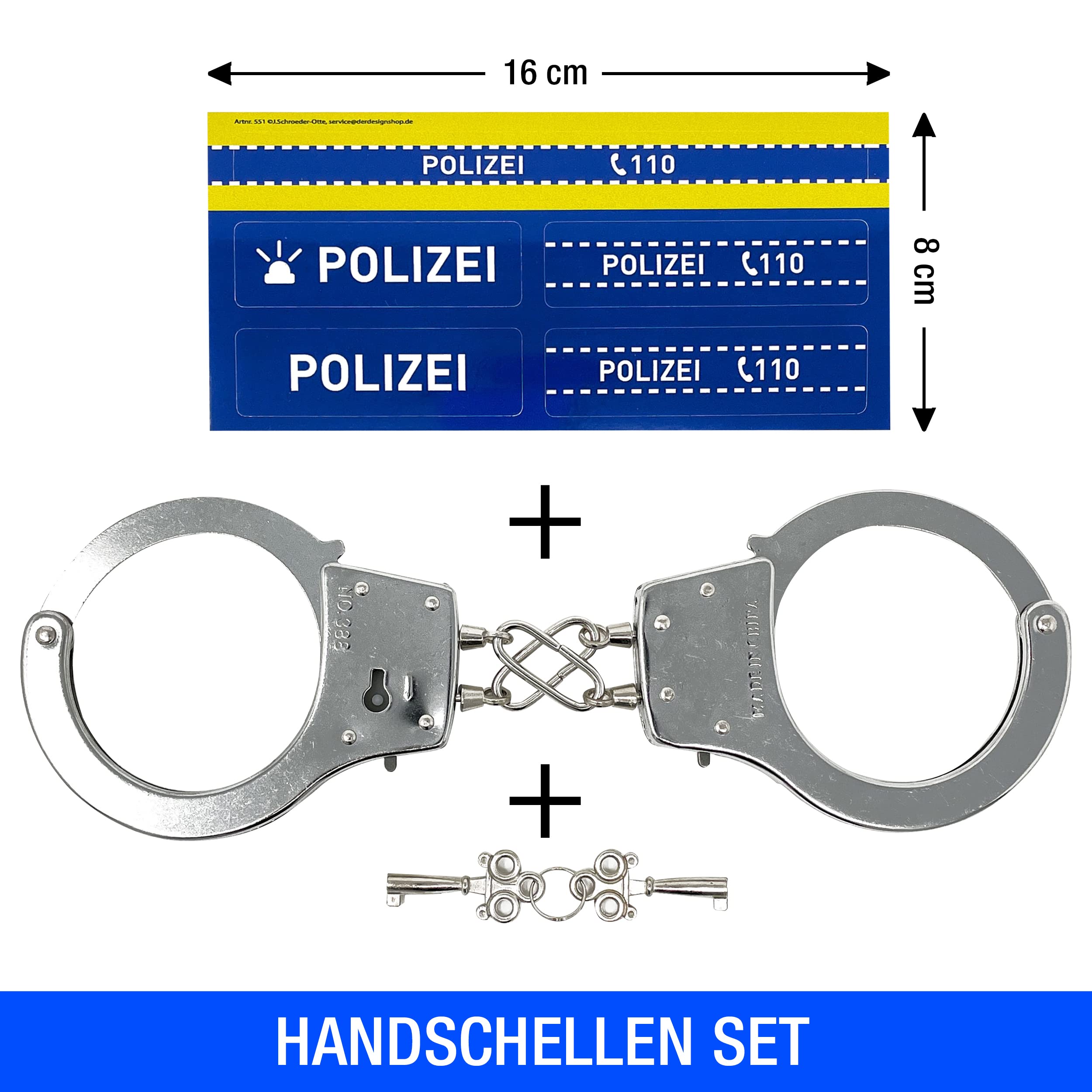 Polizei Handschellen Kinder aus Metall - Ausrüstung für das Polizei Kostüm Kinder | Mit Schlüssel & Sticker | Stabile Handcuffs auch für Erwachsene. Polizeikostüm Jungen Karneval