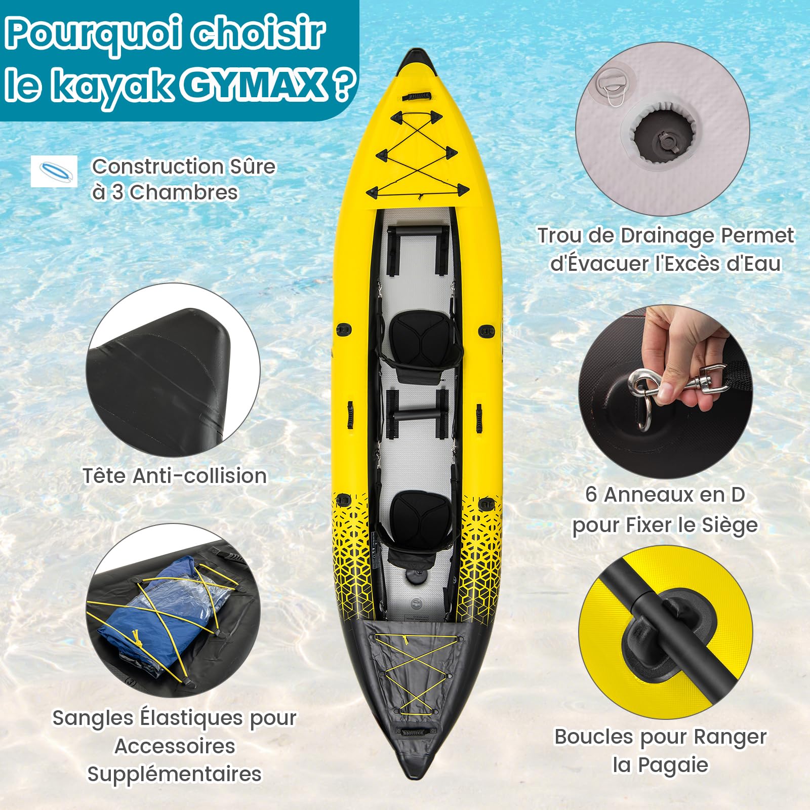 GYMAX Kayak Gonflable pour 2 Personnes, 2 Pagaies en Aluminium, Pompe à Main, 2 Ailerons, Sièges Rembourrés, Repose-Pieds Réglables, Capacité 230 Kg