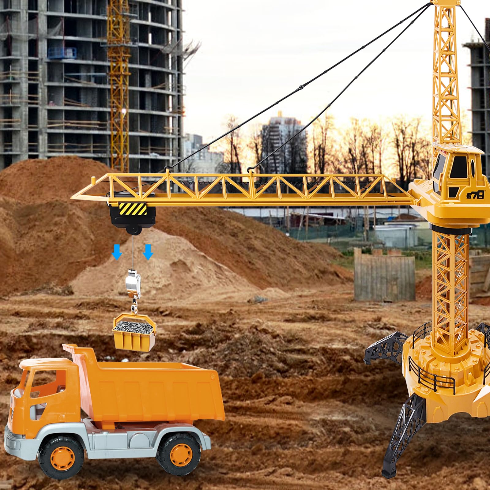 Charmofun Ferngesteuerte Turmkran, 128 cm hohe 2,4 Hz Turmdrehkran, 6 Kanäle Tower Crane Elektrisch, RC Baukran mit Hebehaken, Turmdrehkran Kanäle Lichtern für Kinder (Ferngesteuerte Turmkran)