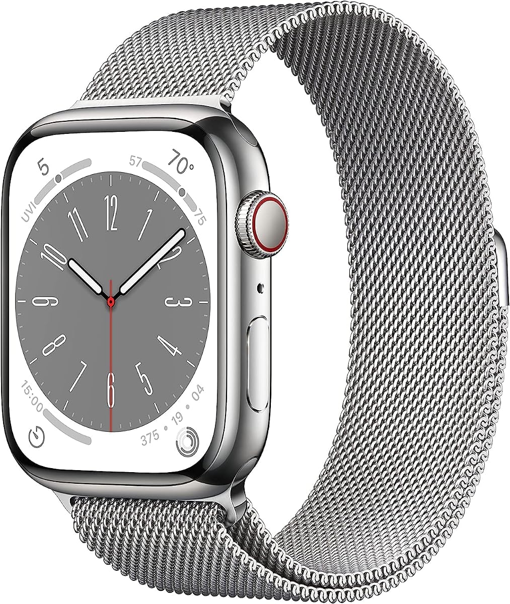 Apple Watch Series 8 [GPS + Cellular, 45 mm] - Caja de acero inoxidable plateada con correa milanesa plateada, talla única (renovado)