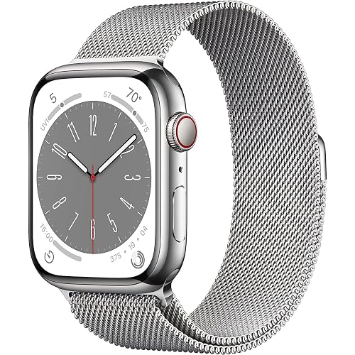 Apple Watch Series 8 [GPS + Cellular, 45mm] - Silver Stainless Steel Case with Silver Milanese Loop, One Size (Renewed)