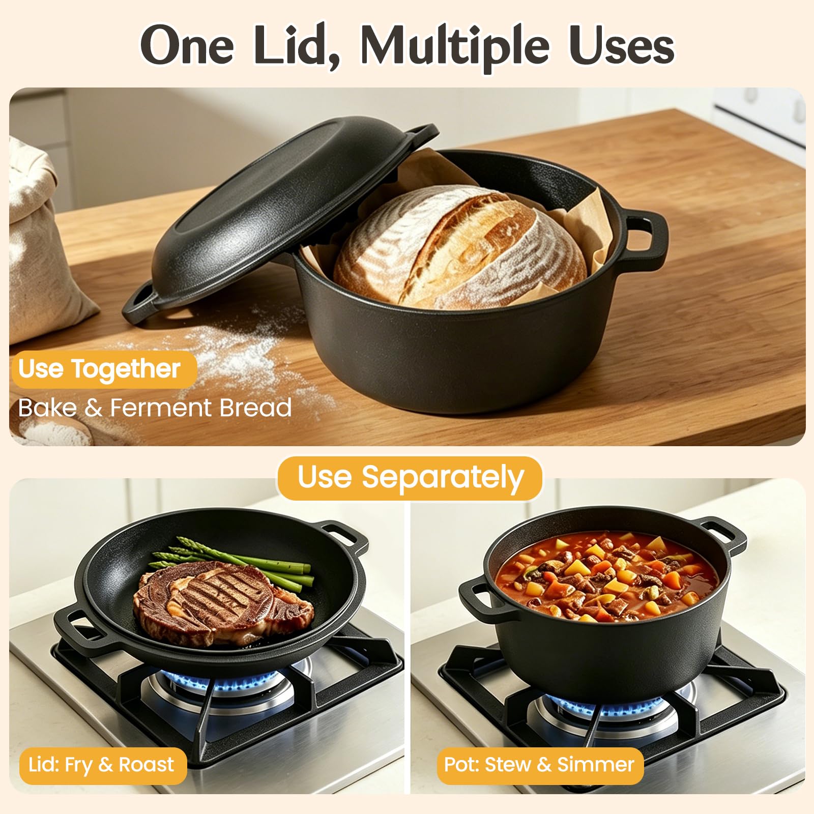 Gusseisen Dutch Oven Brotbacktopf Set 17-teilig 26cm|Vorgereizt & Sofort Einsatzbereit|Deckel als Pfanne & Schmortopf | Gärkorb Teigschaber Rezeptbuch | Induktion Gas Ofen für Brot, Steak & Schmoren