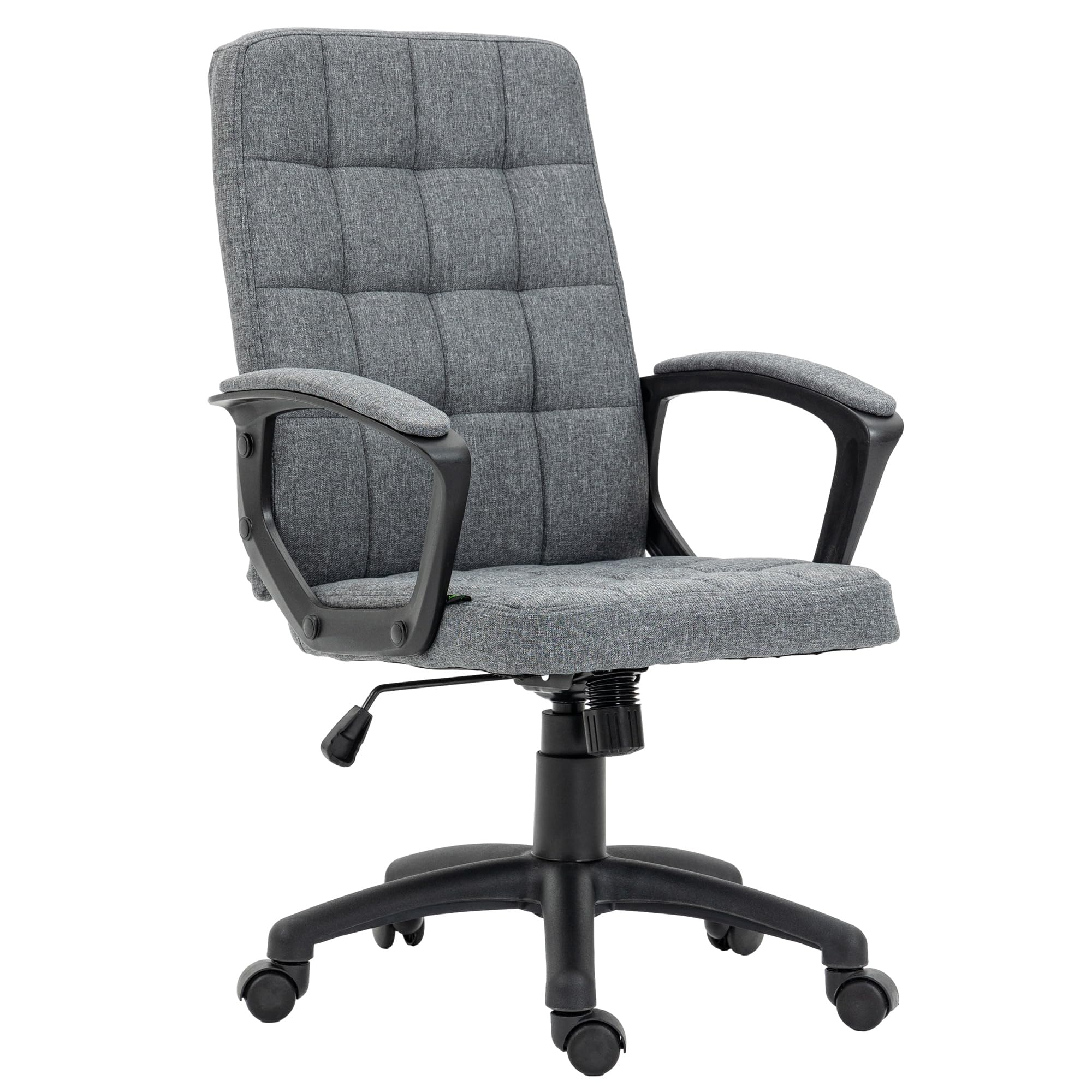 Vinsetto Silla de Oficina Silla de Escritorio Giratoria Gris Oscuro | Tapizada en Lino Sintético, Altura Ajustable, Basculante, Respaldo Medio, con Reposabrazos, Ruedas