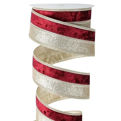 Burgundy Velvet Wired Ribbon 2.5 Inch x 10 Yards, Champagne