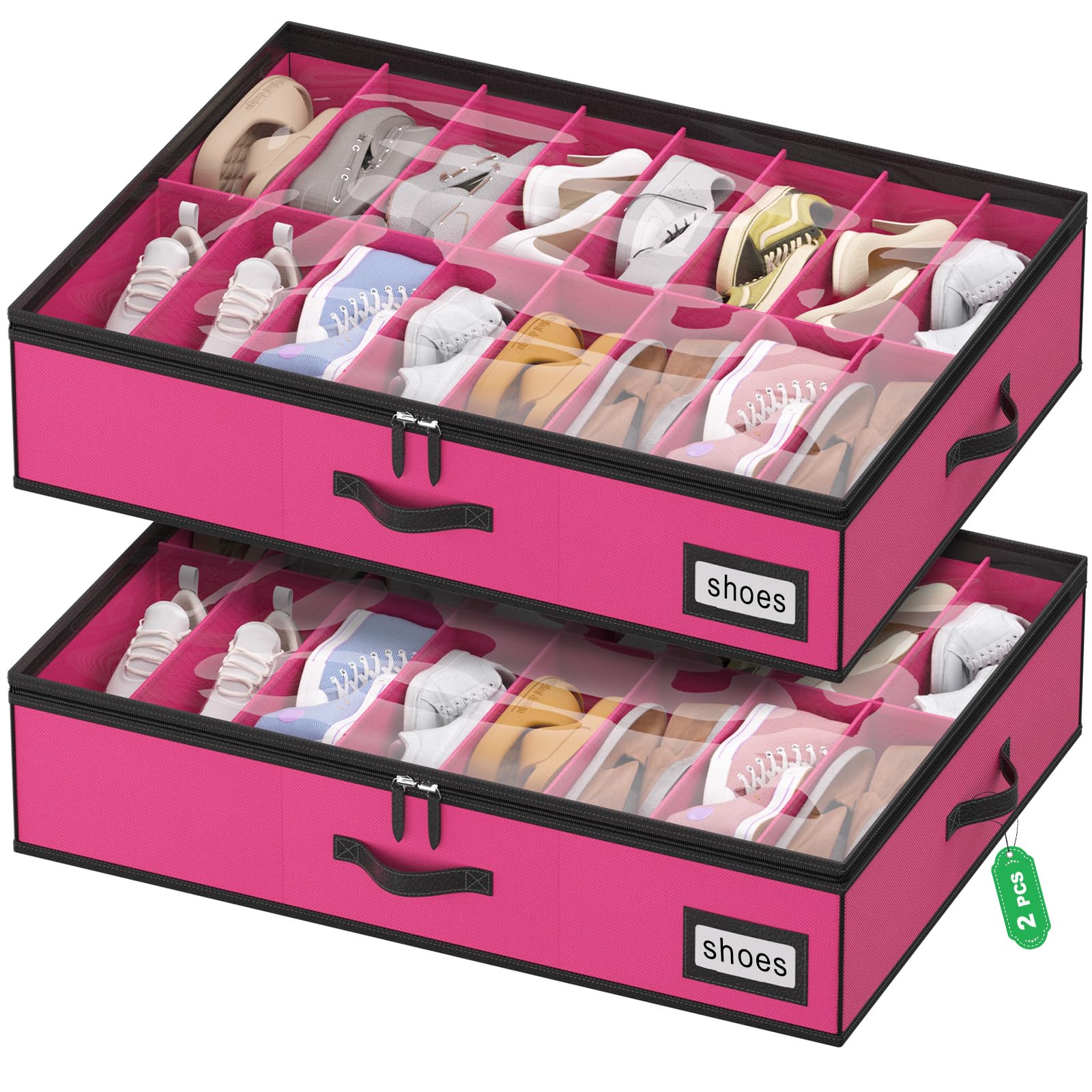 homyfort Shoe Organizer Under Bed, Fits 32 Pairs, Under bed Shoe Storage Boxes with Study Handles and Clear Cover, zapateras organizer for shoes, set of 2
