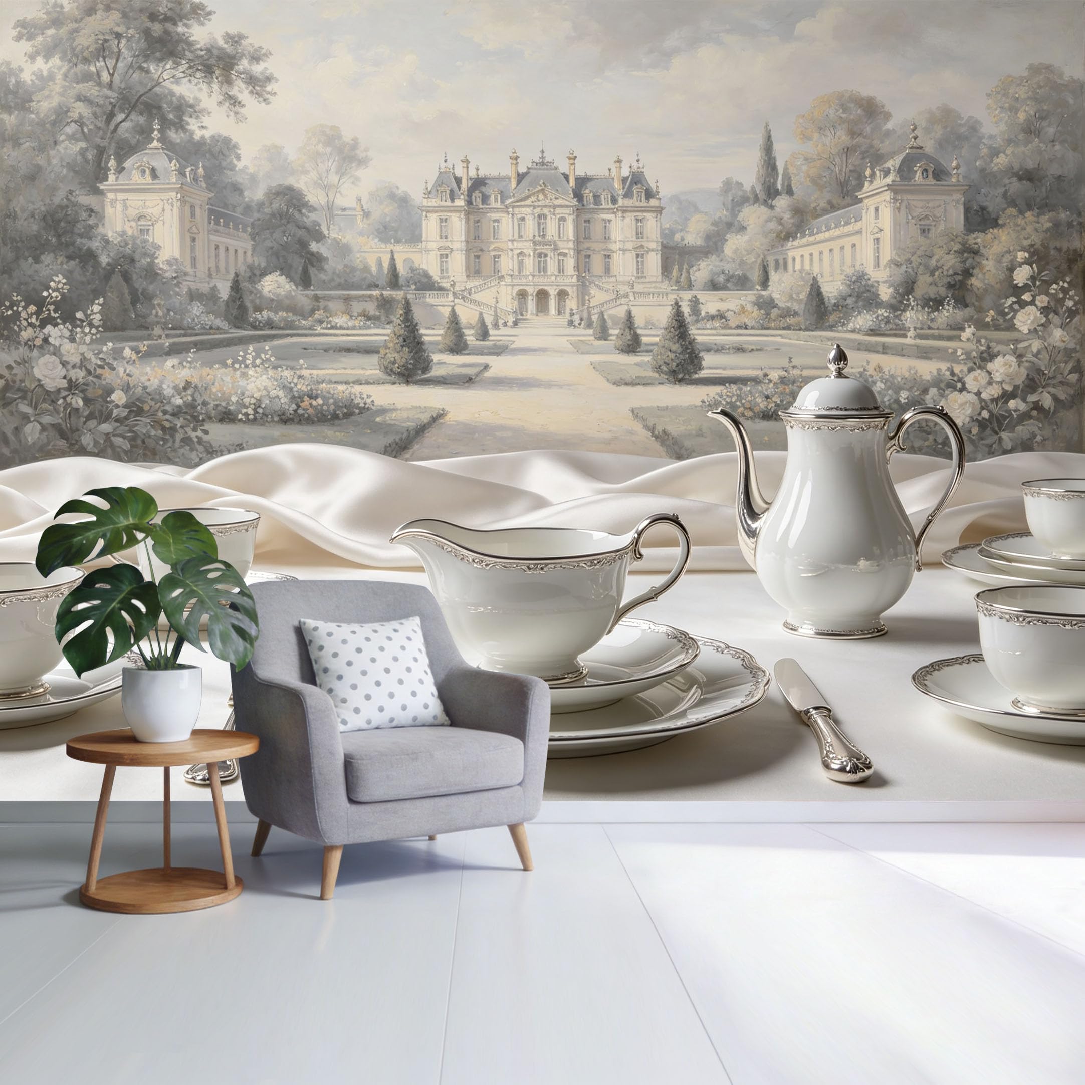 Custom Size Wall Mural French Chateau Garden Landscape Vintage Tea Set Classic Architecture SelfAdhesive Wall Fabric Removable Wallpaper for Home Office Decor