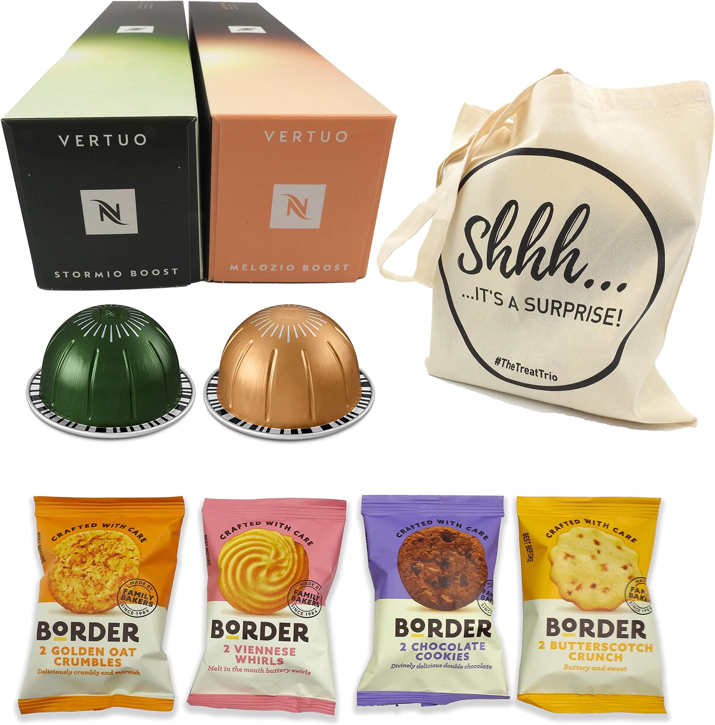 Nespresso Vertuo Coffee Pods Capsules Extra Caffeine Selection | Melozio Boost & Stormio Boost 20 Pods Bundled with 4 x Two-Packs of Borders Biscuits Variety Presented in Giftable Tote Bag
