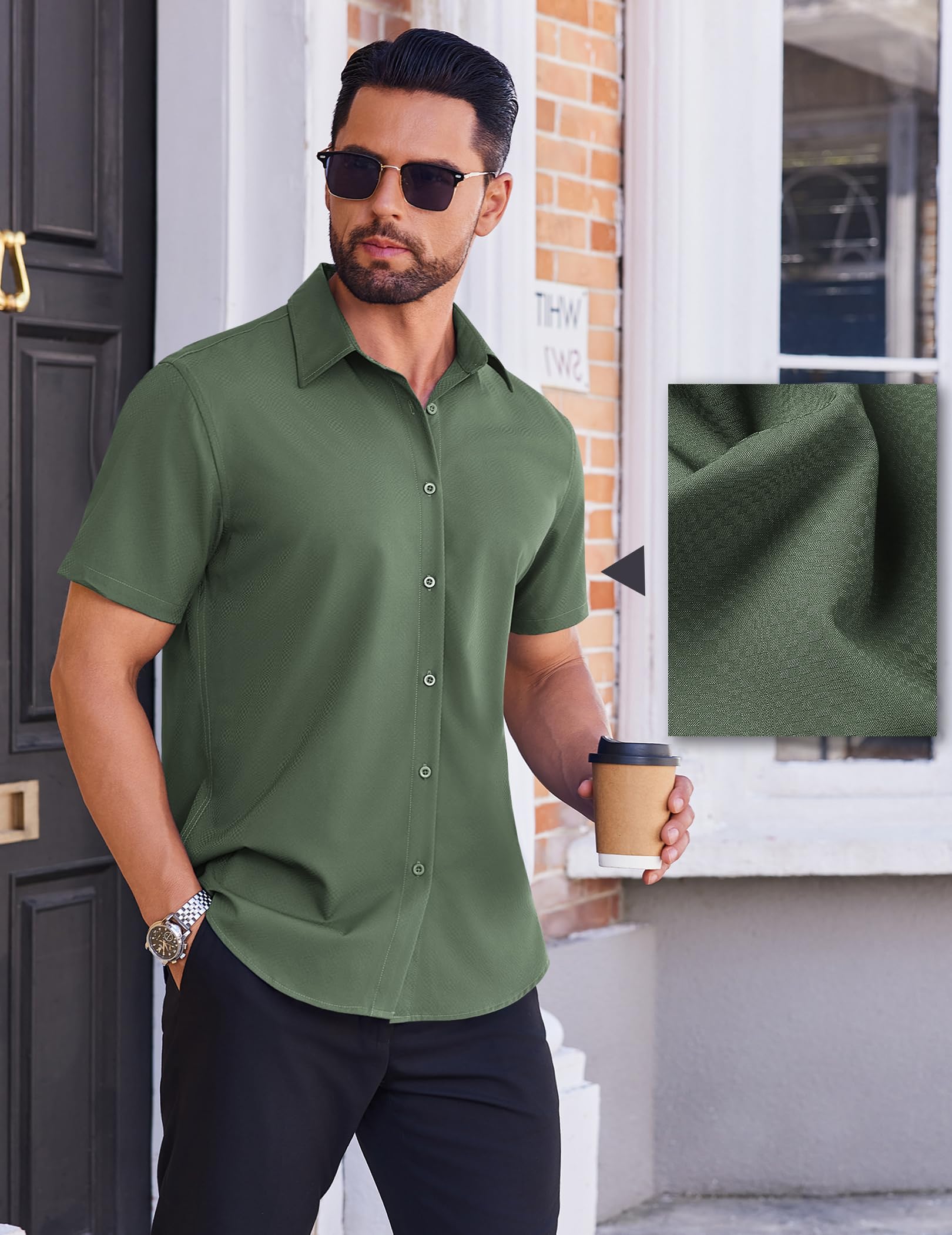 COOFANDY Camicia da uomo senza pieghe a pois a maniche corte con bottoni