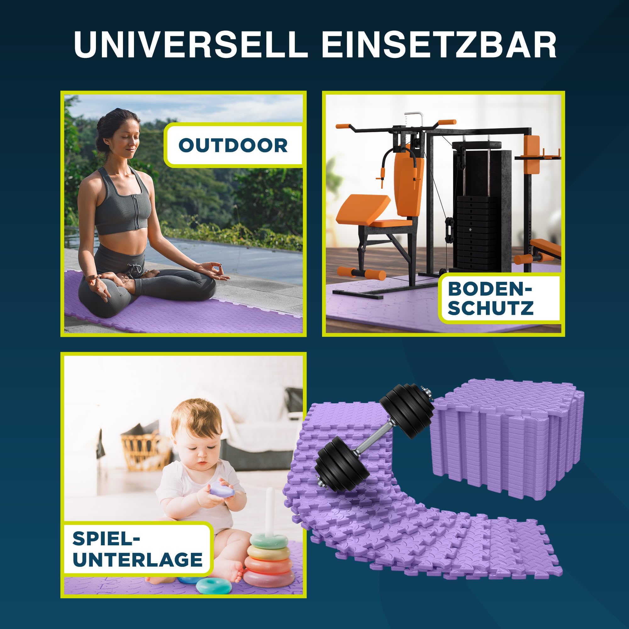 Bodenschutzmatte Fitness - 1,5qm Sportmatte für Laufband, Gym & Fitnessgeräte, Schalldämmung für optimalen Schutz im Homegym als Bodenmatte, rutschfest & Robust aus Eva Lila