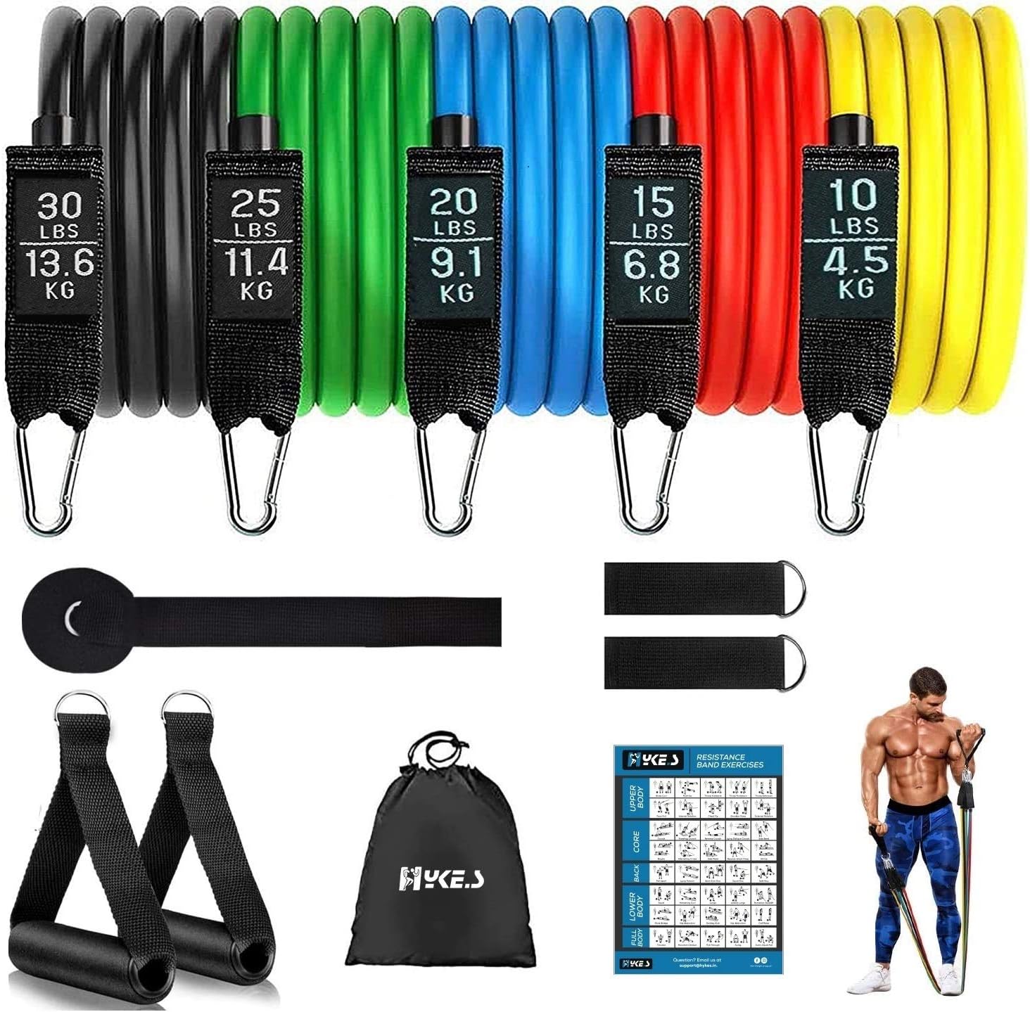 Hykes Unbreakable Resistance Bands Set (11Pcs) for Exercise, 100% Natural Latex Toning Tubes Kit for Workouts, Stretching for Men and Women (100Lbs),Natural Latex