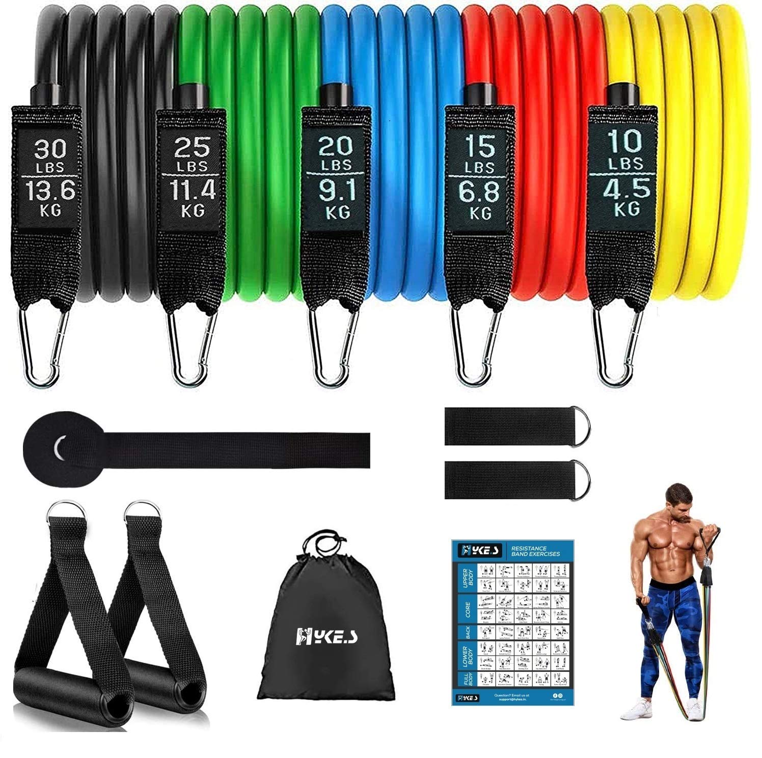 Hykes Unbreakable Resistance Bands Set (11Pcs) for Exercise, 100% Natural Latex