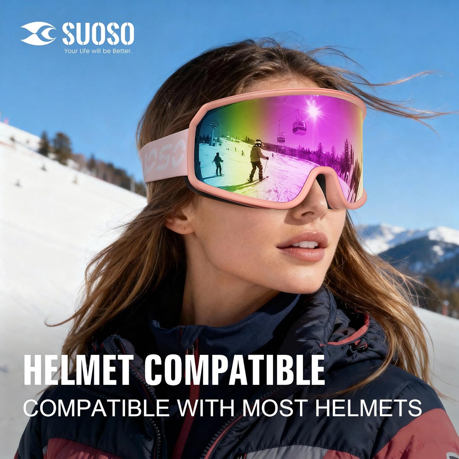 suoso OTG Ski Goggles for Men and Women, UV400 Protection Anti Fog Snowboard Goggles for Youth Adult Helmet Compatible
