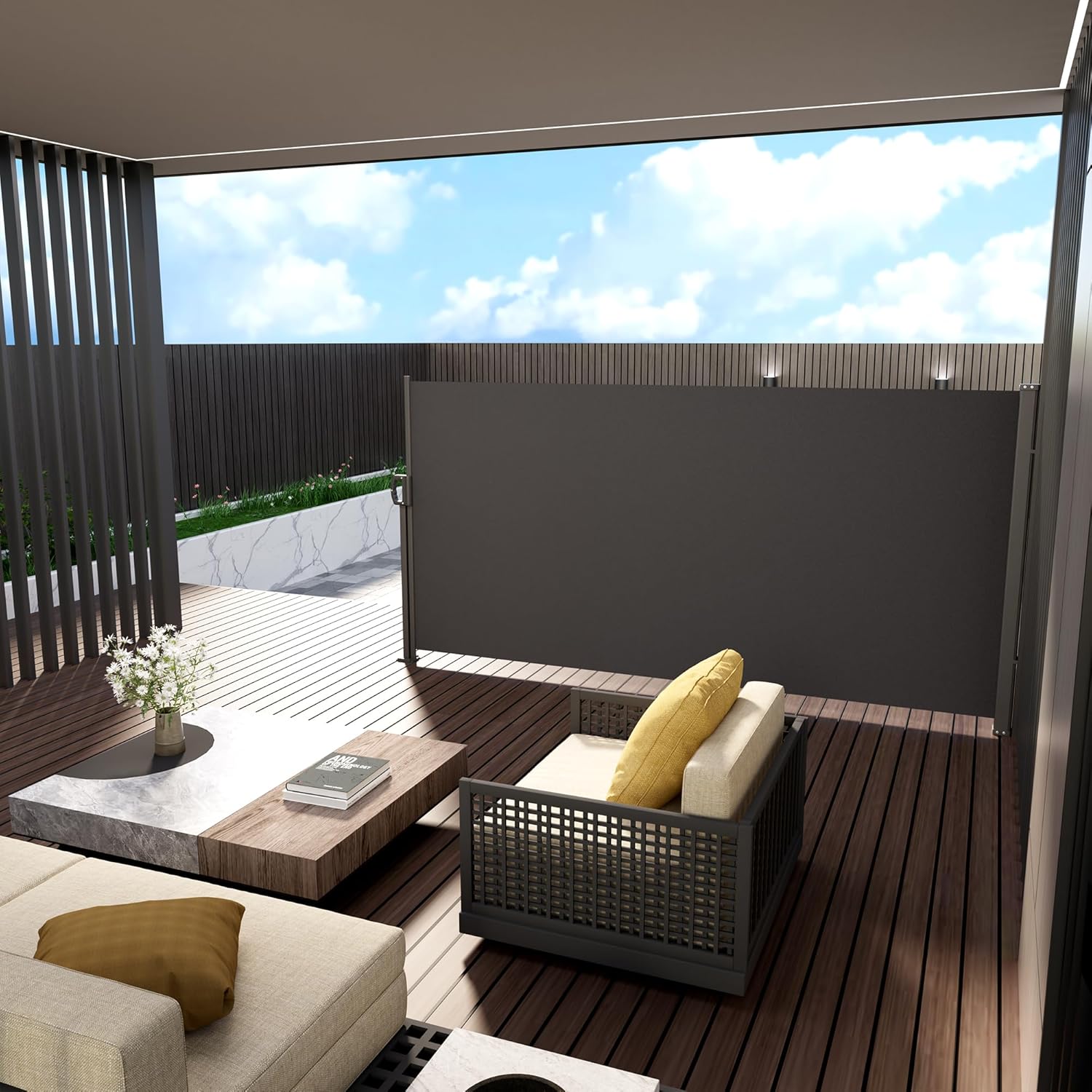 HOMEDEMO 146" x 71" Retractable Side Awning with Privacy Screen Protection, Carbon Gray Waterproof & UV-Resistant Outdoor Side Pull Shade for Patios, Balconies and Gardens