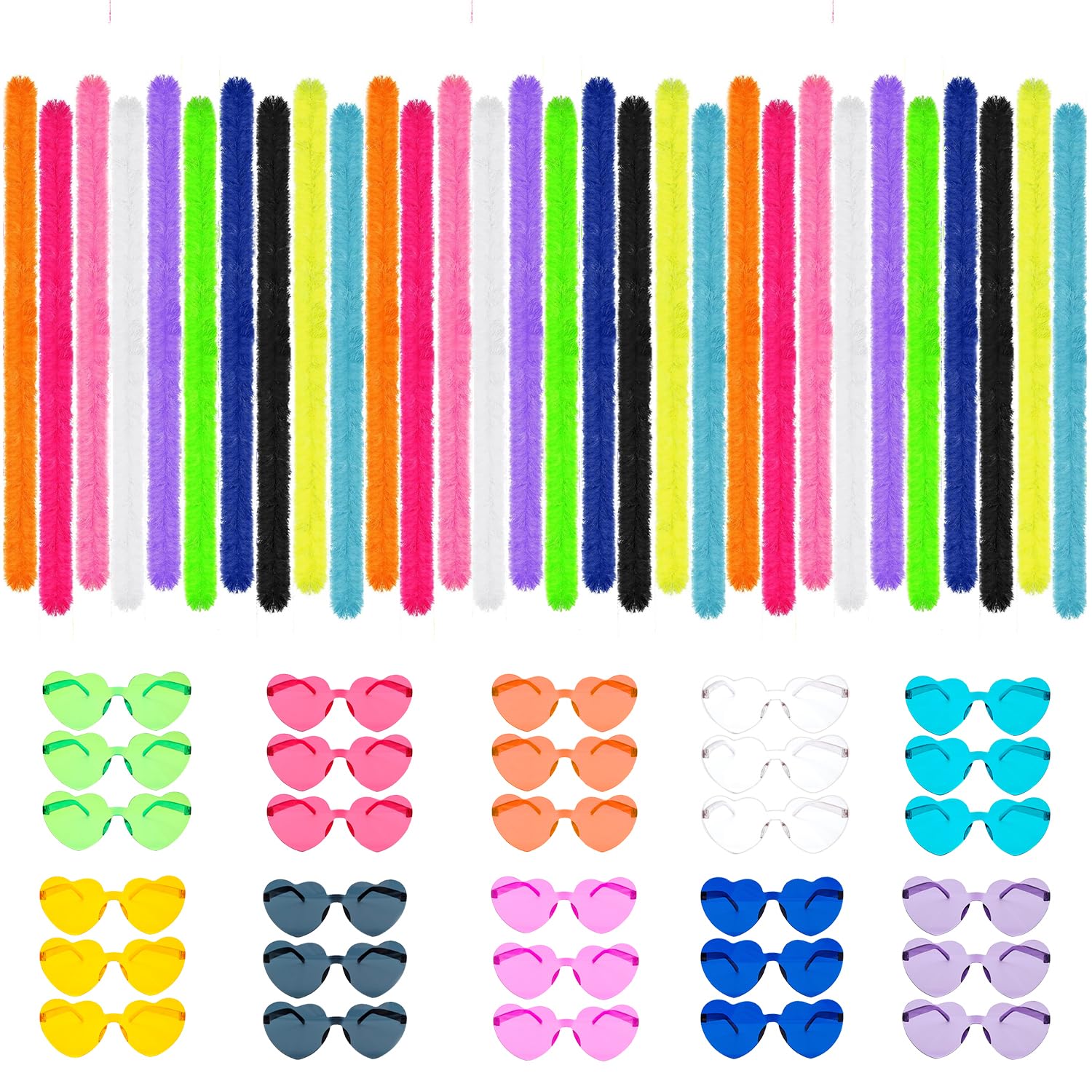 60Pcs/30Set 4.6ft Feather Boas and Heart Sunglasses