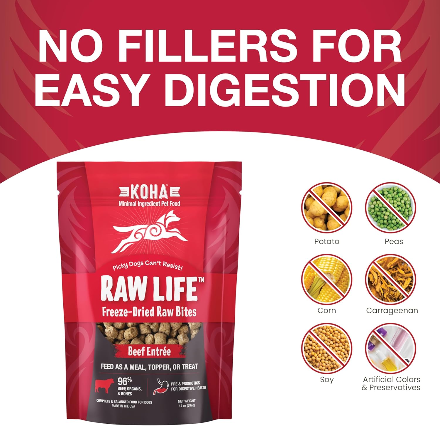 KOHA Raw Life Freeze-Dried Raw Bites Beef for Dogs, High Protein Meal, Topper, and Treat for Picky Eaters, 14oz Bag