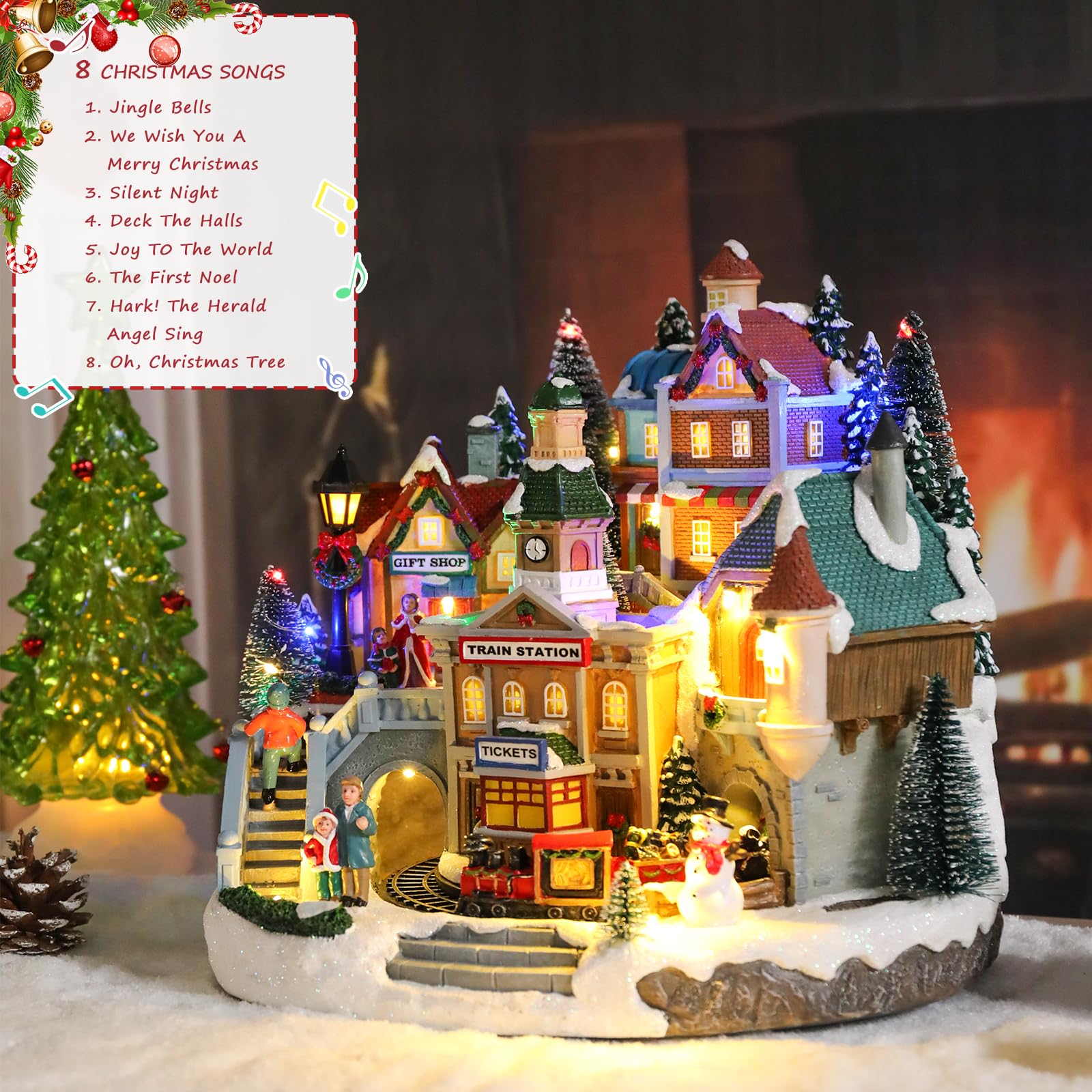 Bdor Pueblo iluminado de Navidad con tren giratorio, 12.2 x 11 x 11 pulgadas, decoración navideña enchufable con música, centro de mesa musical LED festivo para mesa, hogar, tienda de regalos