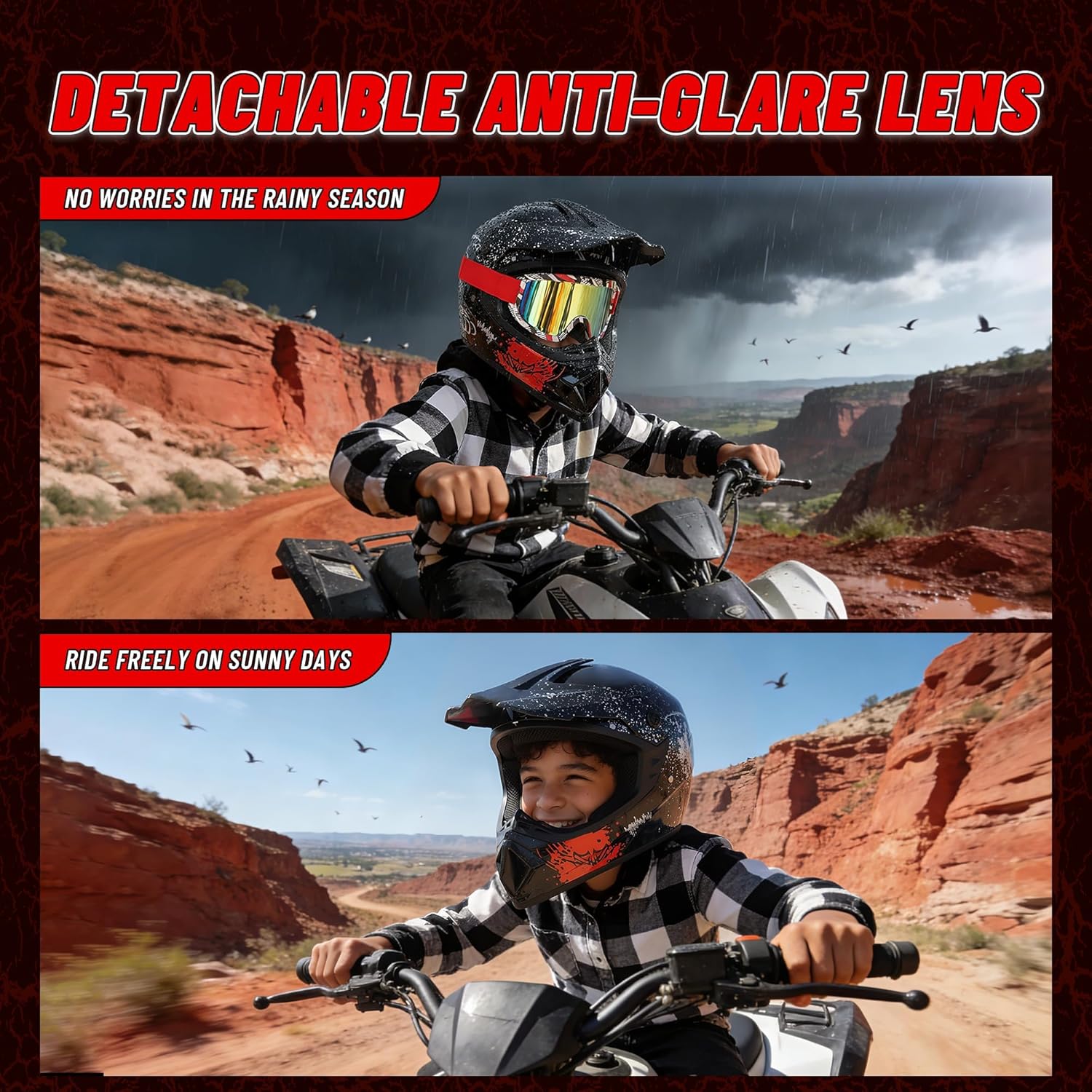 Full Face Motorcycle Helmet DOT Certified, Youth Dirt Bike ATV Helmet for Boys & Girls, for Motocross, Go-Kart, Electric Dirtbike, Street Riding (Black, L)