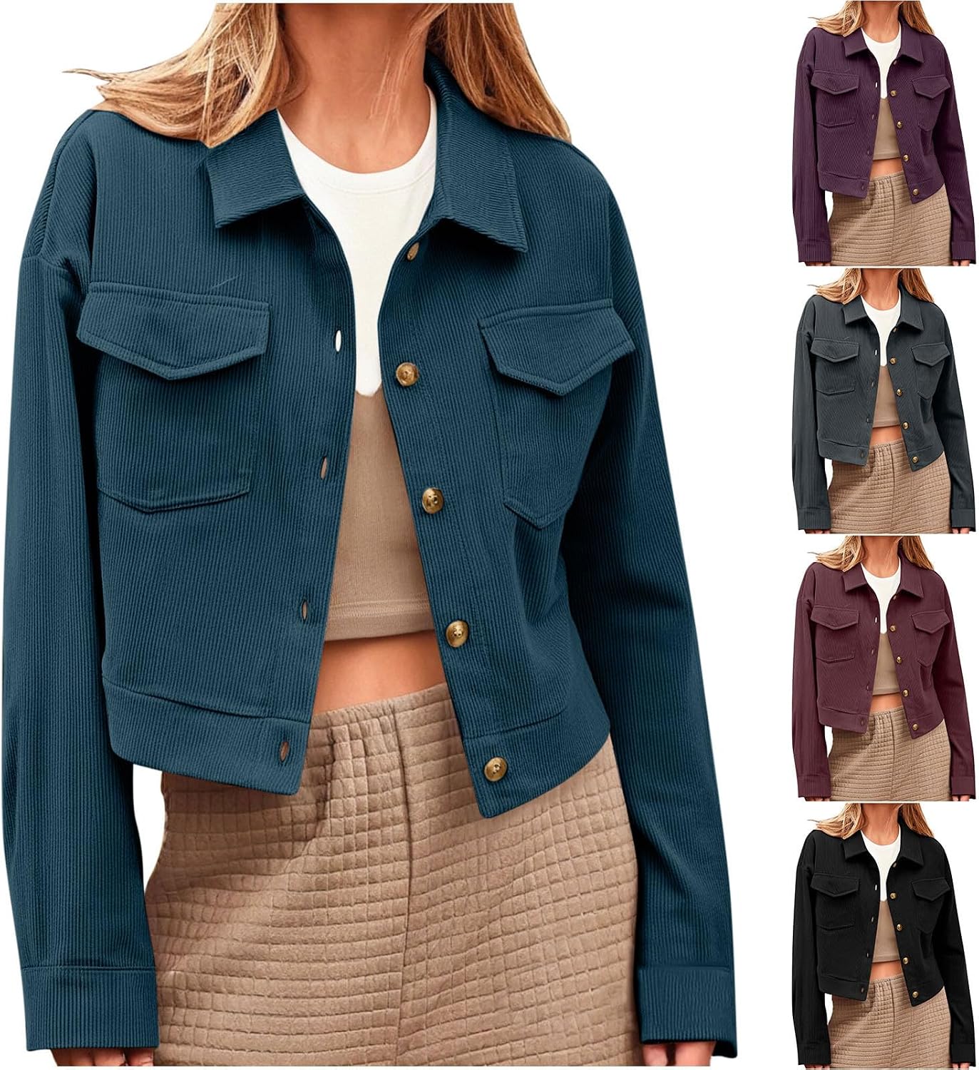 Crop Jackets Women Corduroy Pocket Fashion Shirt Casual Fall Outfits