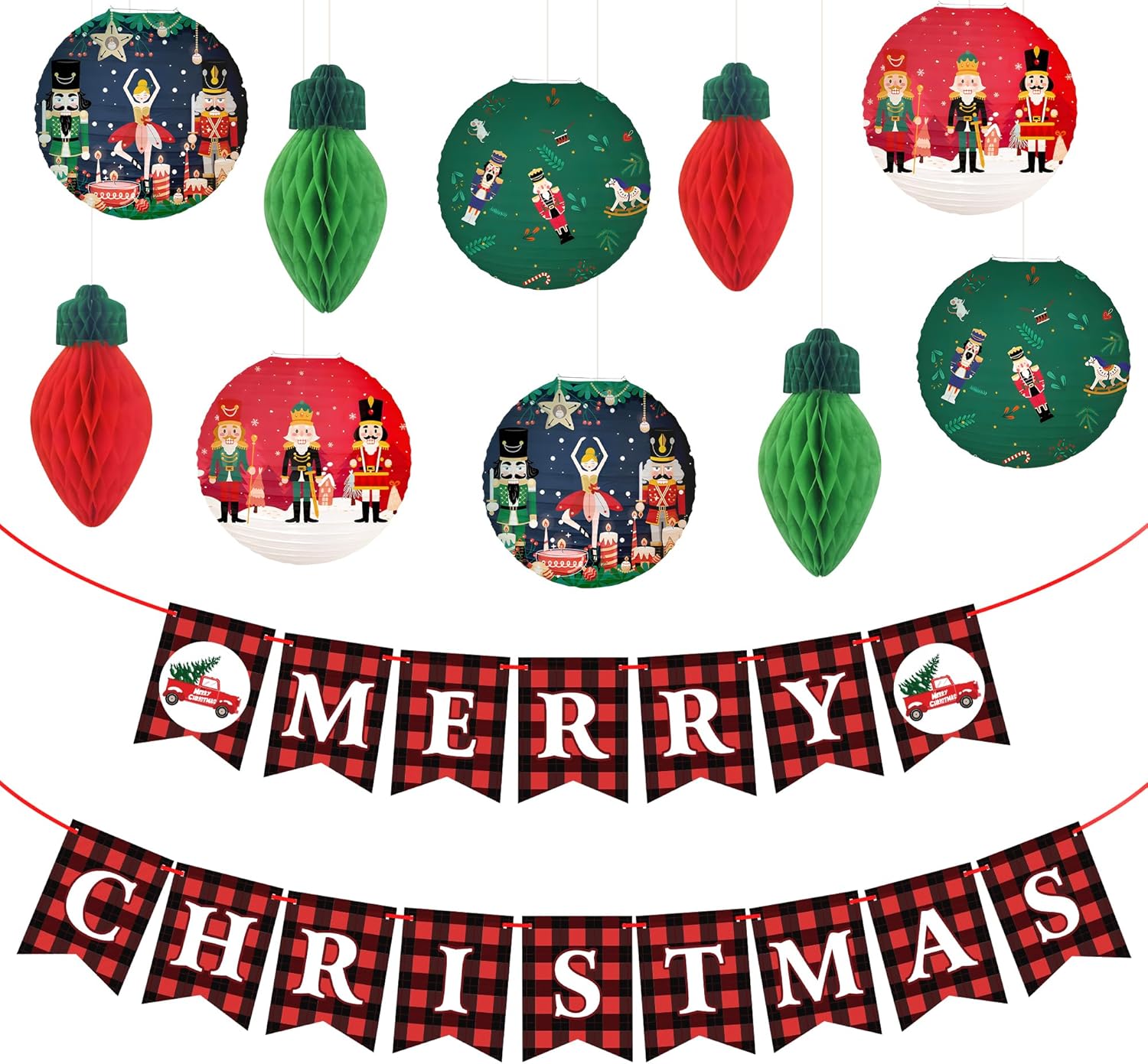 KatchOn, Pack of 12, Merry Christmas Banner for Mantle | Red and Black Christmas Fireplace Banner with Hanging Christmas Decorations Indoor | Festive Xmas Paper Lanterns & Honeycomb Ornaments