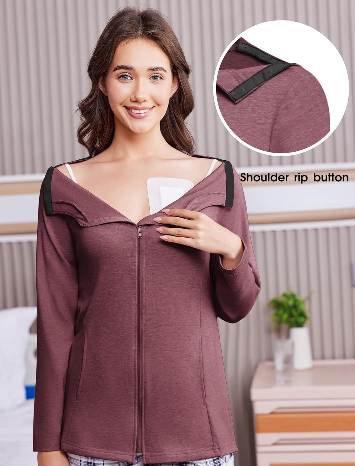 Deyeek Mastectomy Shirts with Drain Pockets Post Shoulder Surgery Tops for Women Chemo Port Long Sleeve with Zippers - Image 2