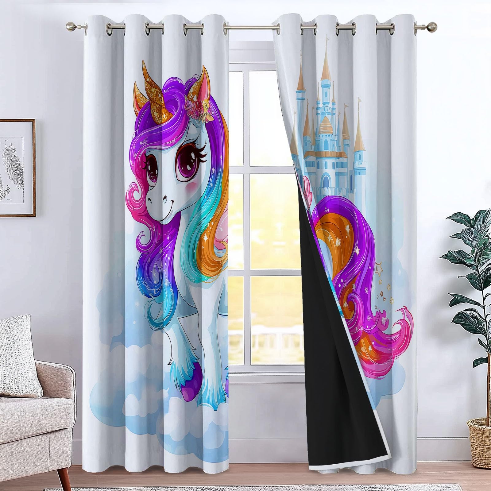 Lot De 2 Rideaux Occultant Licorne De Château De Dessin Animé Enfants Rideau à Oeillets Isolation Thermique, Blanc Salon Rideaux Occultants, pour Chambre Salon Maison Bureau L 91.5 X H 214 cm