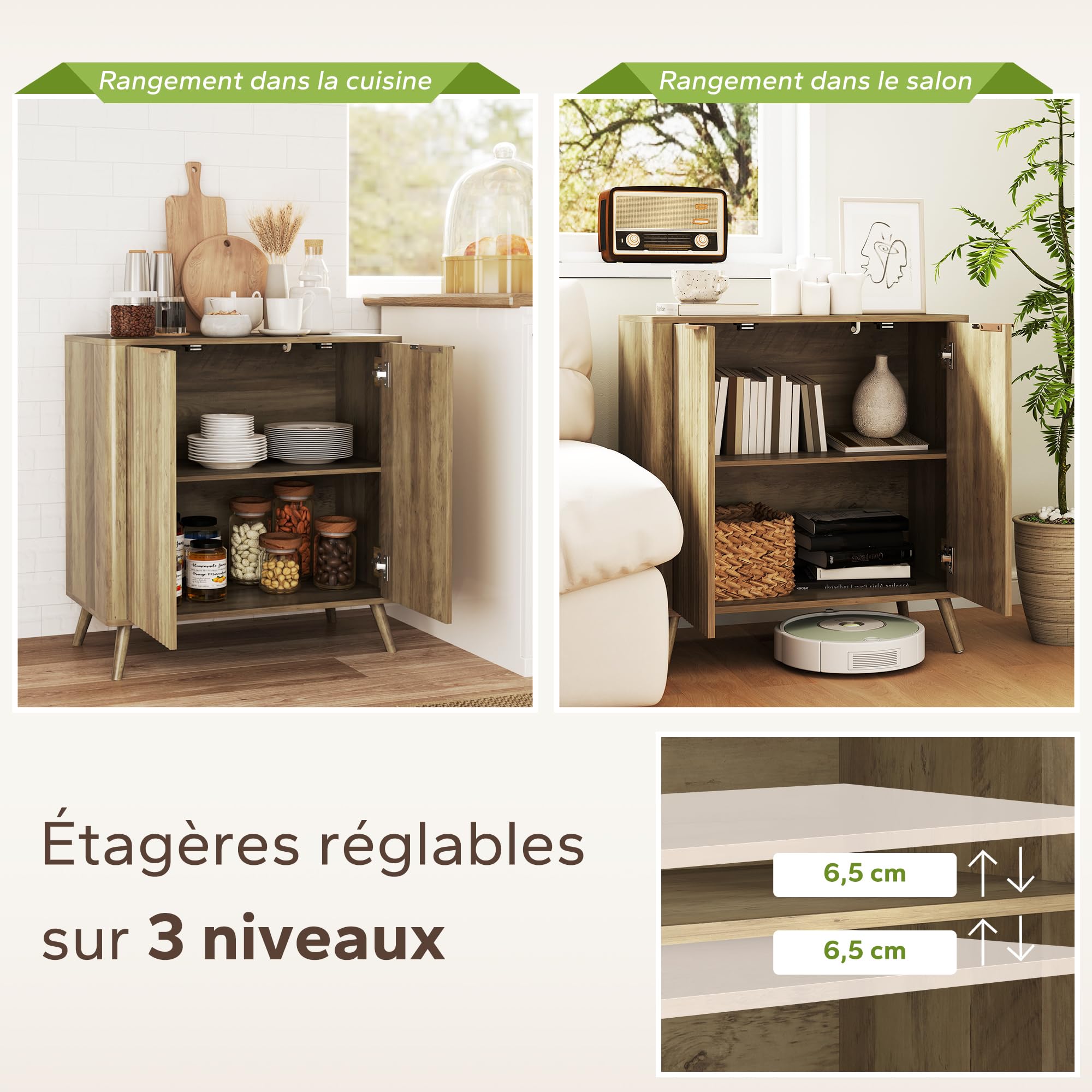 HOMCOM Żłobiony Sideboard z przechowalnią, 30", 2 drzwi, dąb
